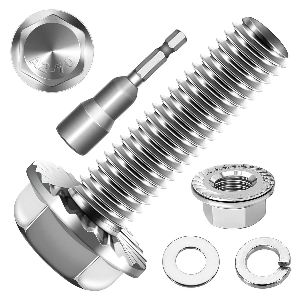 10 tornillos hexagonales M8 x 25, brida, acero inoxidable A2 V2A, hexagonal, rosca completa, arandelas, anillos de resorte y tuercas/tornillos surtidos con punta hexagonal magnética
