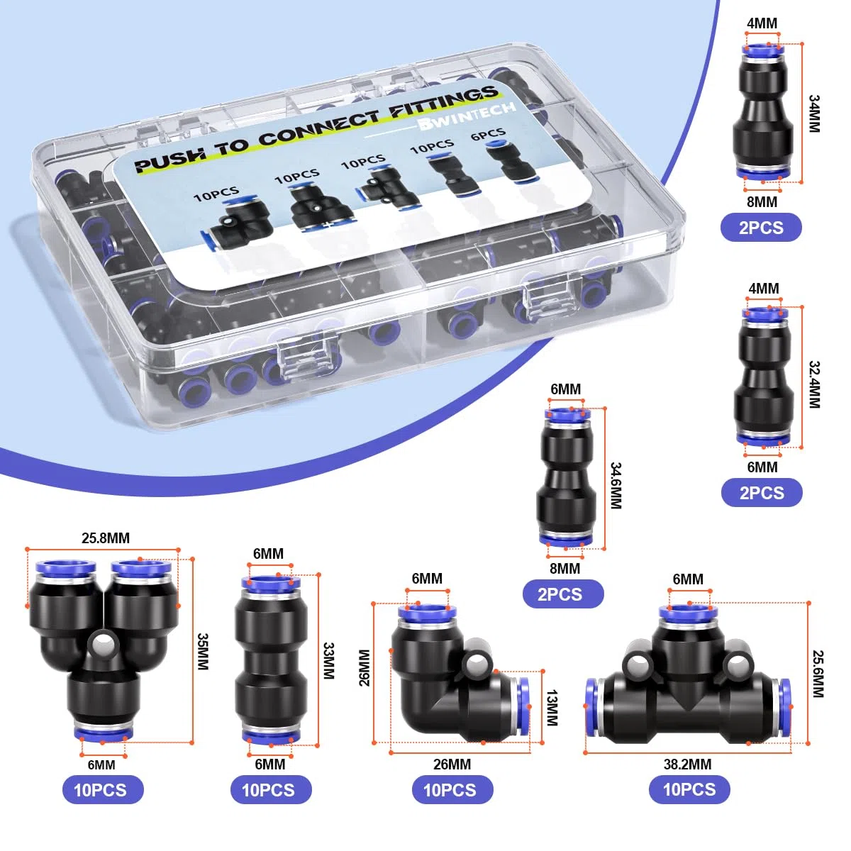 Bwintech 46 piezas y 6 mm Kit de Conector de Manguera de Aire de Empuje rápido neumático (Conector Recto/Codo/T/Divisor de 6 mm y Conector Reductor de 4-6,4-8,6-8 mm