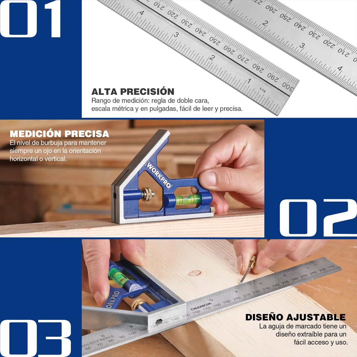 WORKPRO Escuadra Carpintero, Escuadra Combinada Ajustable, Regla de Ángulo de Acero Inoxidable de 300 mm, con Nivel de Burbuja, Escuadra para Carpintería Herramienta de Medición Multifuncional