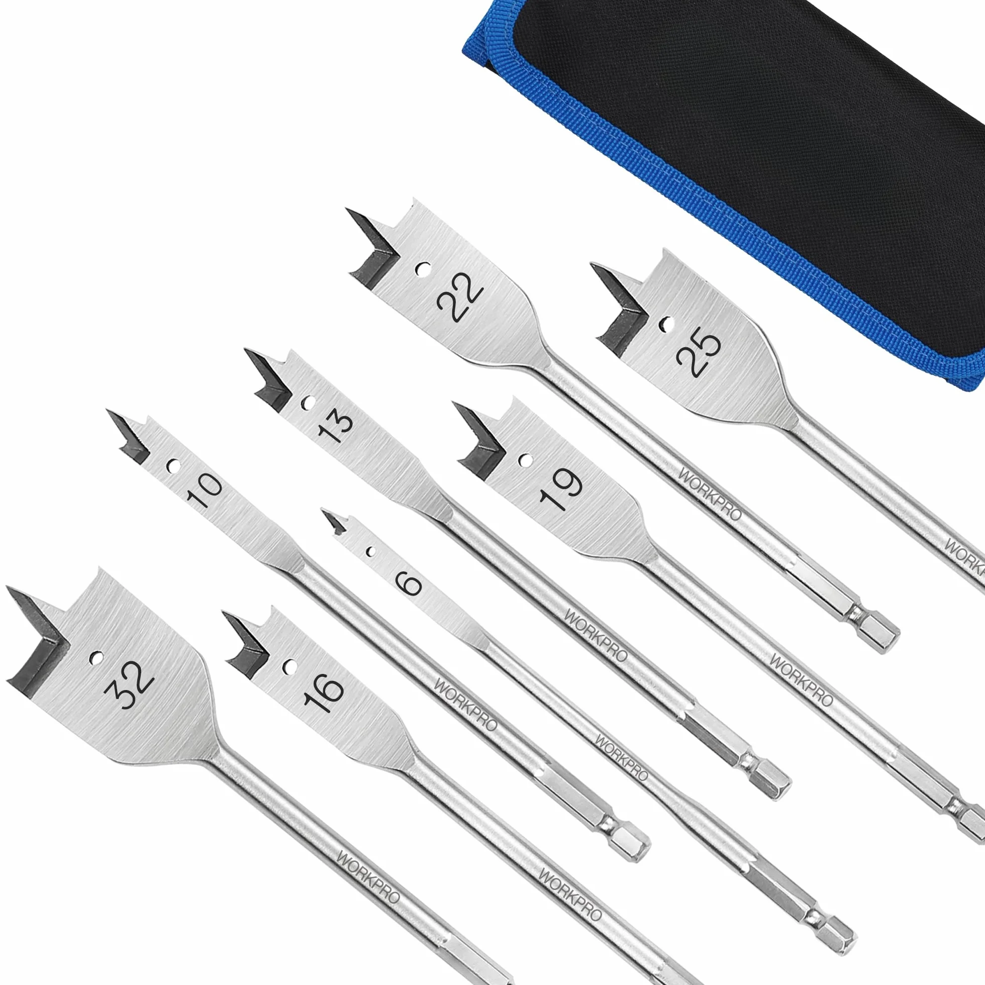 WORKPRO 8 Piezas Juego de Brocas de Pala, Brocas Planas con Mango Hexagonal de 1/4", Brocas (6-32 mm), Acero al Carbono, para Maderas Duras y Blandas, PVC y Plásticos