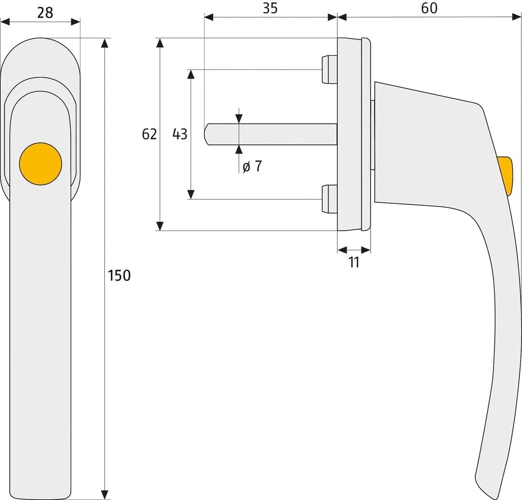 Tirador para ventana con botón de presión para mayor seguridad. Mango de aluminio blanco para puerta de patio con lápiz de 35 mm de largo (RAL 9016, 1 unidad) (2 unidades, RAL 9016)