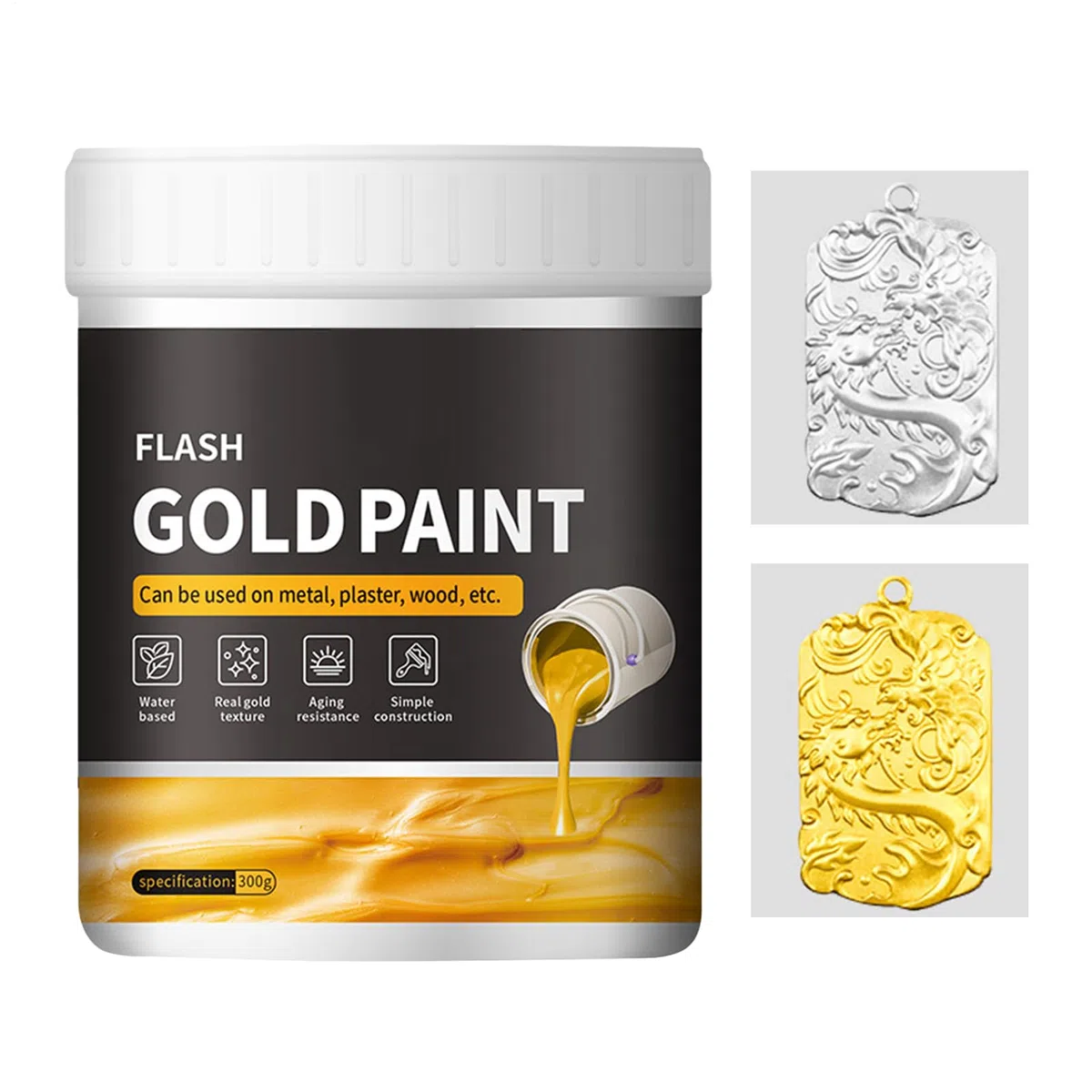 Pintura Líquida De Pan De Oro De 300 G: Secado Rápido, Resistente A La Decoloración, Fácil De Aplicar Para Yeso, Madera Y Decoración De Manualidades De Metal. Ideal Para Proyectos Creativos Para Princ