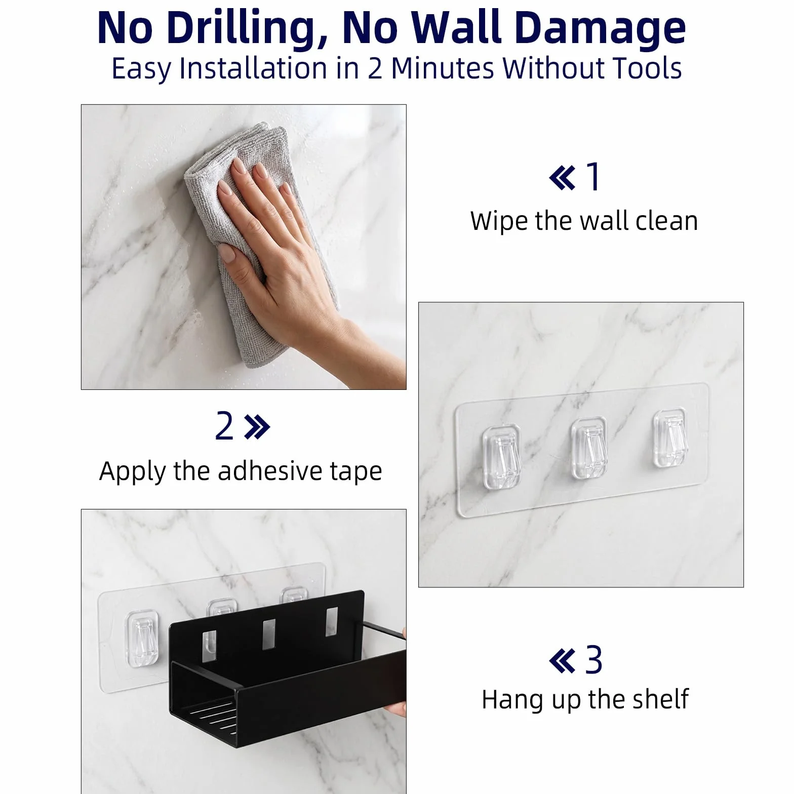 Estantería de Ducha sin Taladrar, Estantería de Baño en Acero Inoxidable con 4 Ganchos Extraíbles, Negro