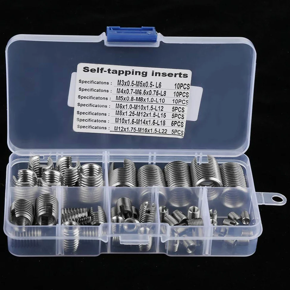 Rosca autorroscante, hilo interno de 50 piezas Insertos de rosca autorroscantes Juego de acero inoxidable plateado para refuerzo del hilo (M3 M4 M5 M6 M6.5 M8 M10 M12 M14 M16)
