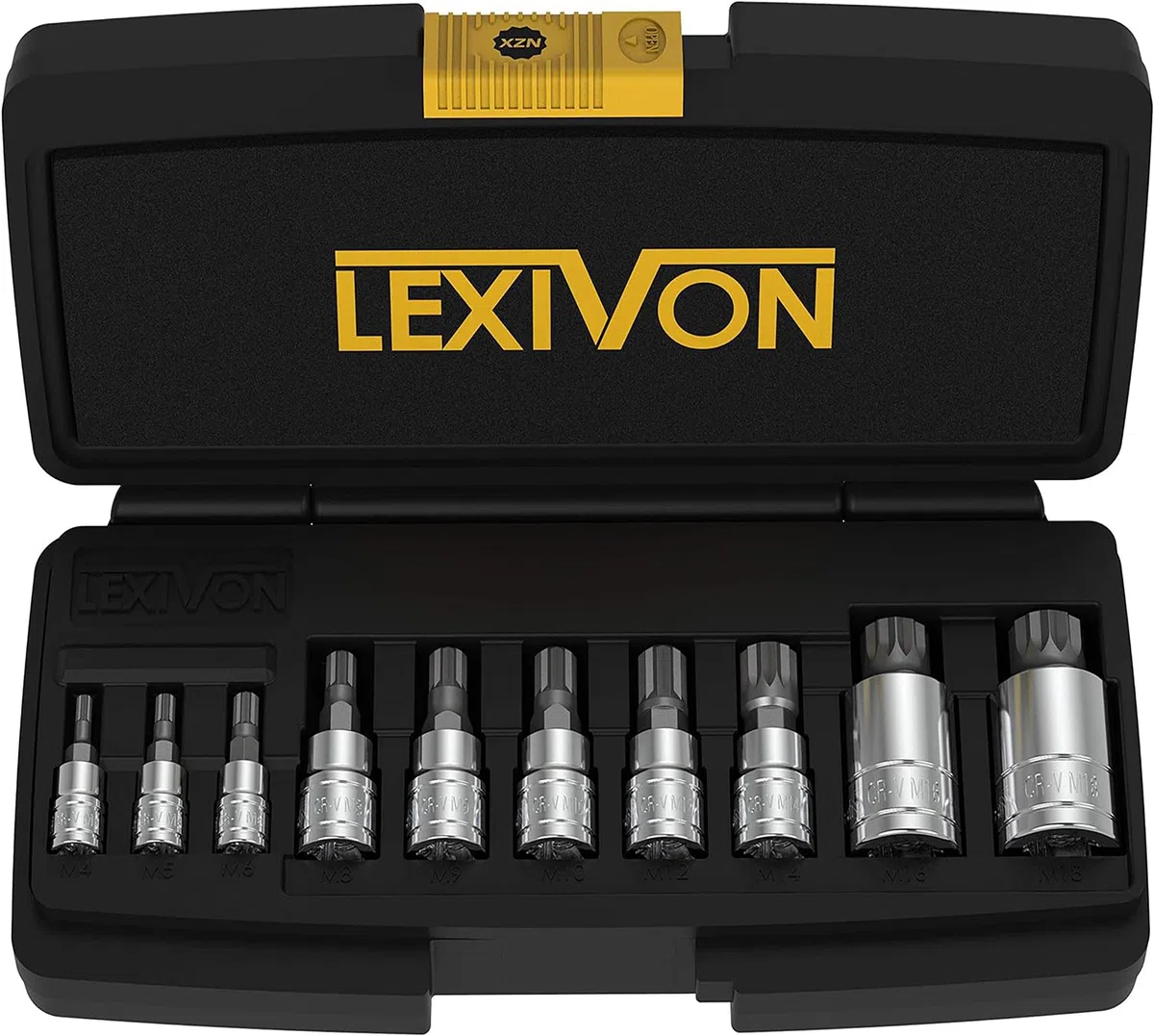LEXIVON Juego de casquillos de punta estriada cuadrada triple XZN, acero aleado S2 Premium | Juego de 10 piezas estilo europeo M4 - M18 | Estuche de almacenamiento mejorado [LX-145]