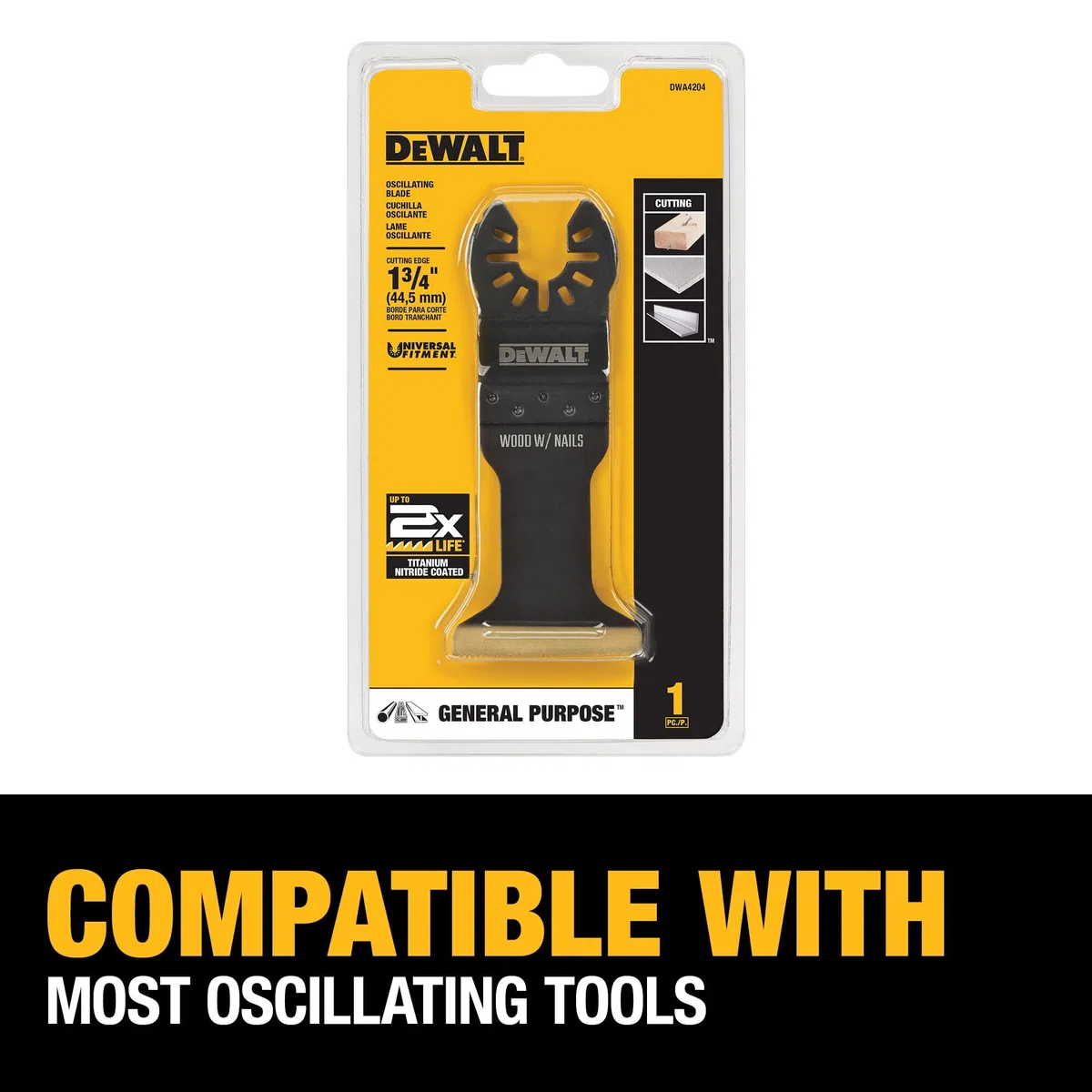 DEWALT Cuchilla oscilante para madera con clavos, ancha, recubierta de nitruro de titanio (DWA4204), color negro