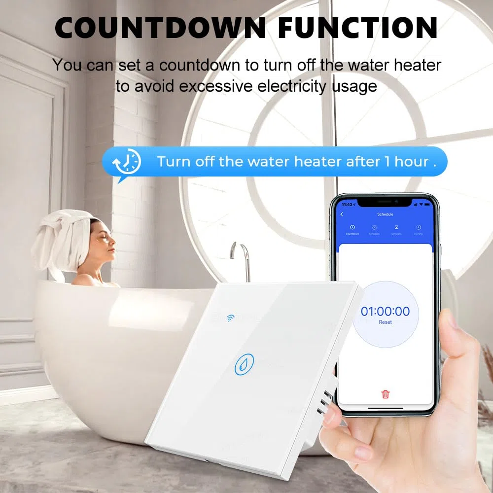 WiFi Smart Heater Timer Switch Wall Touch Boiler Switch Compatible con Alexa, Home, Smart Life App (Blanco, 40A 8000W)