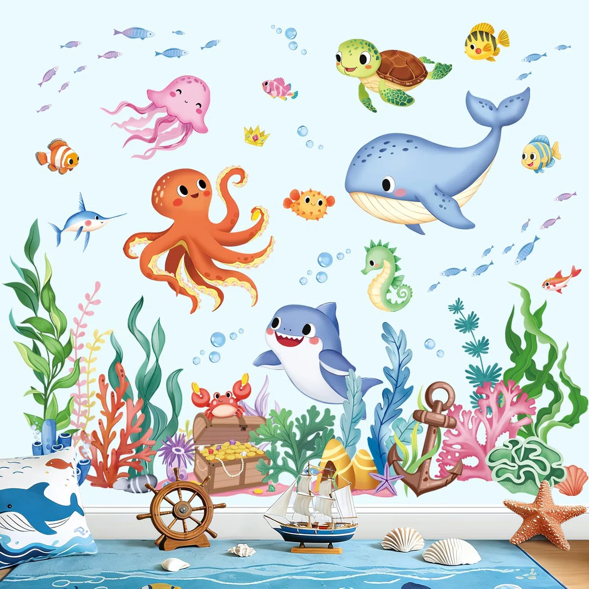 wondever Pegatinas de Pared Bajo el Mar Peces Adhesivos Decorativos Oceano Ballena Tortuga Algas Vinilos Pared para Habitación Infantiles Niños Bebés Guardería Baño