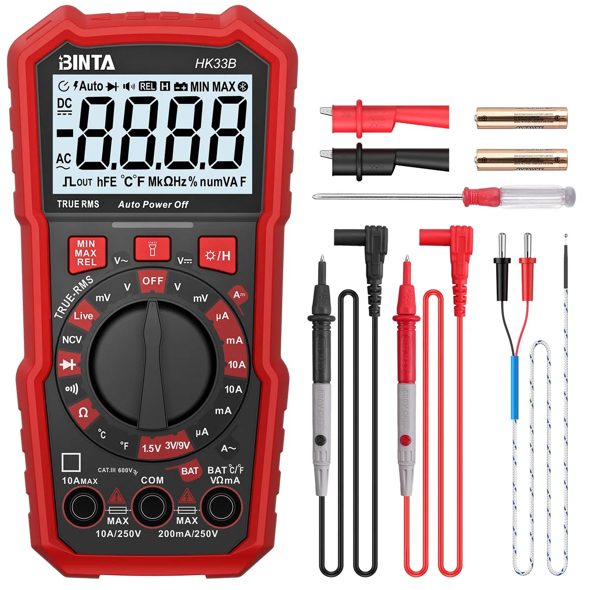 BINTA Multímetro Digital 2000 Cuentas Polimetro Digital, Mide Tensión CA/CC, corriente CA/CC,Temperatura, Prueba de Diodos, Continuidad, Resistencia con Cables de Prueba