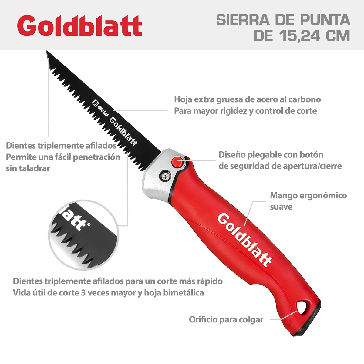 Goldblatt Sierra Plegable 310mm, Serrucho para Cortar Placas de Yeso, Sierra Bimetálica de 8 TPI, 3 Ángulos de Bloqueo, Sierra de Podar con Hoja Curva, Agujero de Colgar