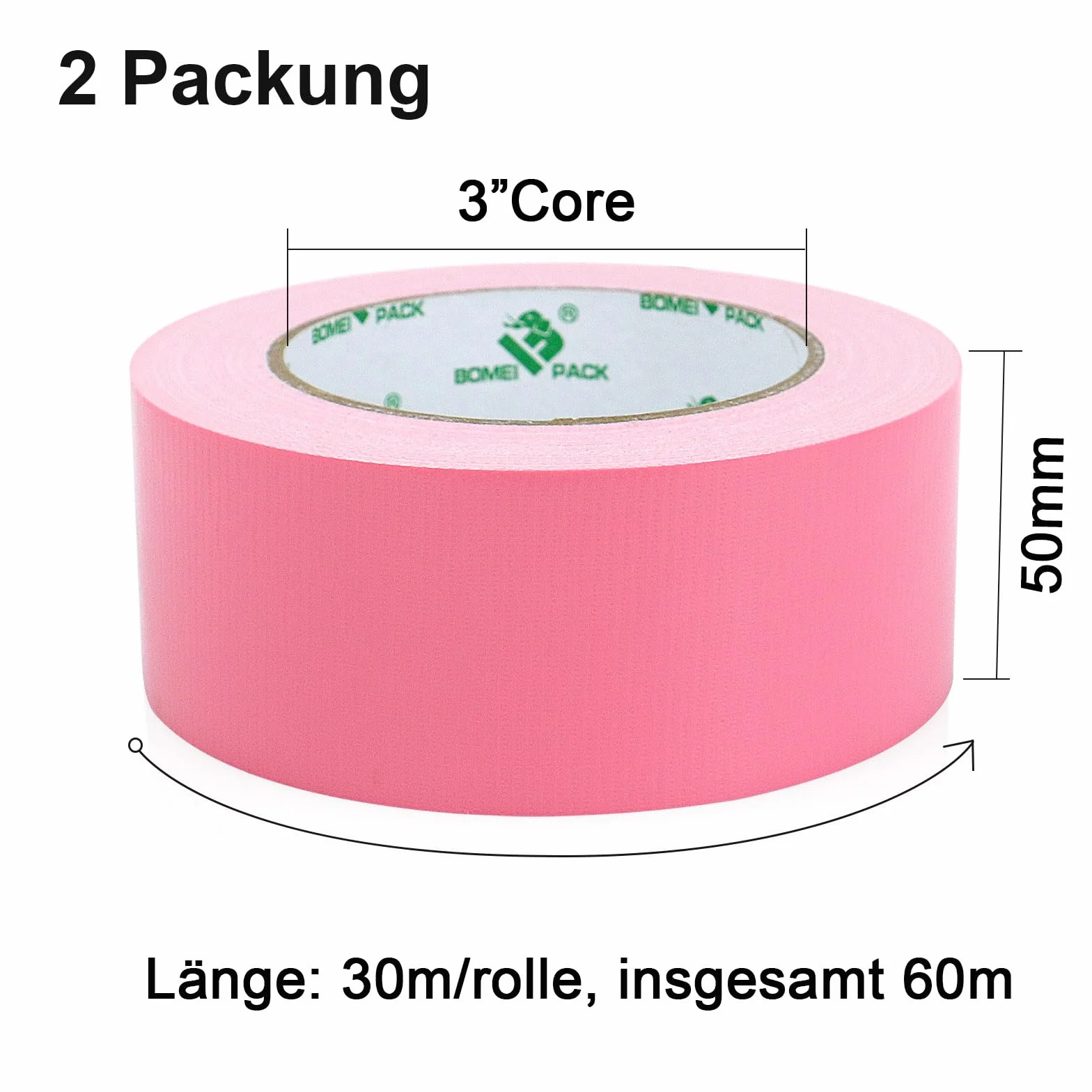 BOMEI PACK 2 Rollos Cinta americana Rosa de 50 mm x 30 m - Cinta de tela resistente adhesiva e impermeable - Para reparar, fijar, reforzar y sellar