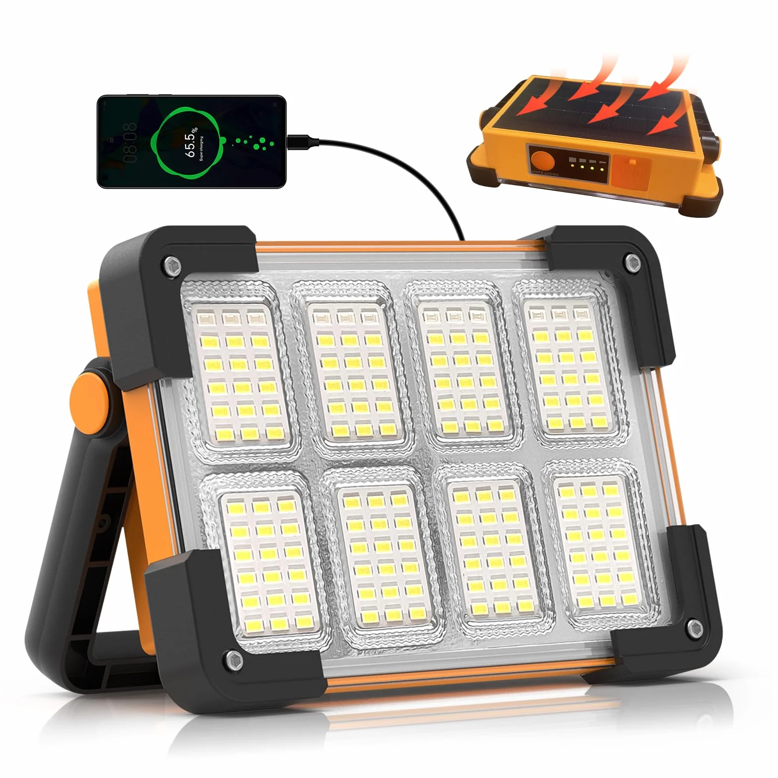 Foco LED Recargable Solar, 4 Modos Luz LED Recargable de Exterior, 6000 mAh Impermeable Luz de Trabajo Portátil para Camping, Jardín, Pesca, Garaje, Emergencia
