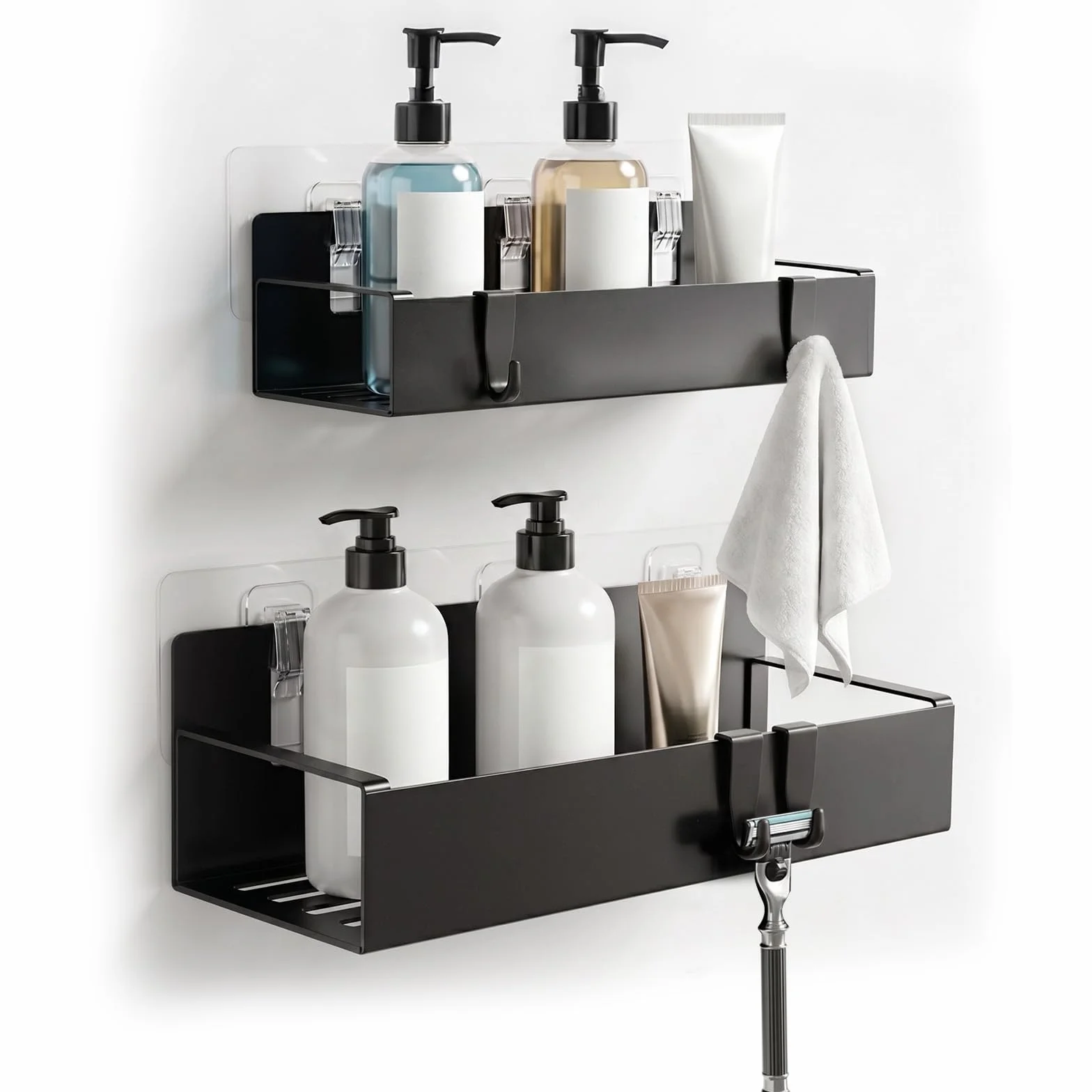 Estantería de Ducha sin Taladrar, Estantería de Baño en Acero Inoxidable con 4 Ganchos Extraíbles, Negro