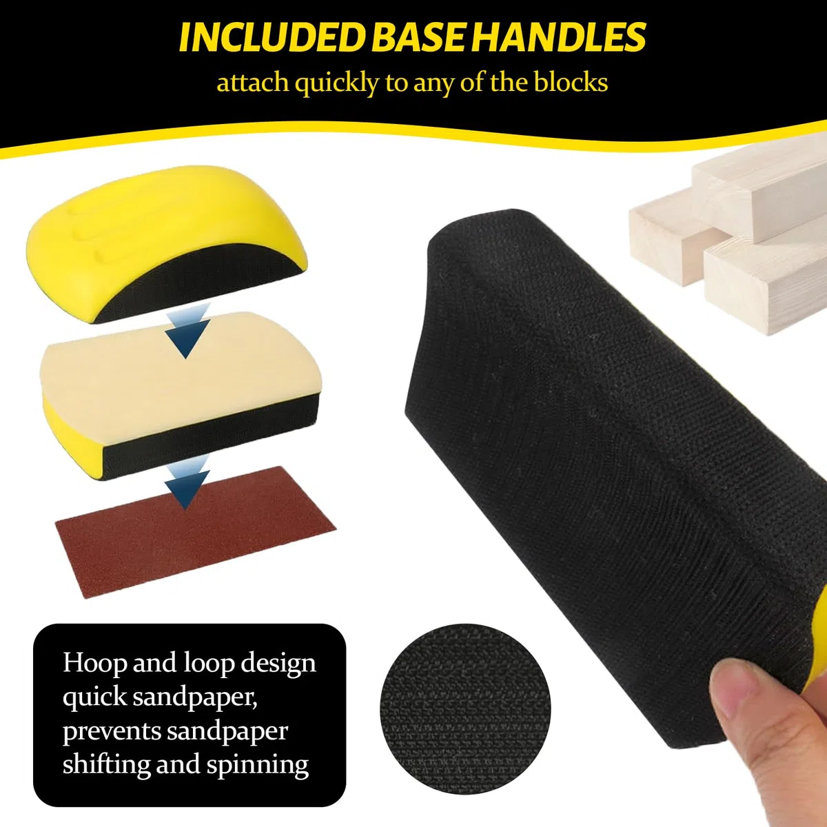 5 Piezas y 6 Pulgadas Taco de Lijado Manual, Espuma de PU + Plástico, Mango Ergonómico, para Pulir Madera y Lijado Fino, Adecuado para Madera, Azulejos, Metal, Vidrio (Amarillo)