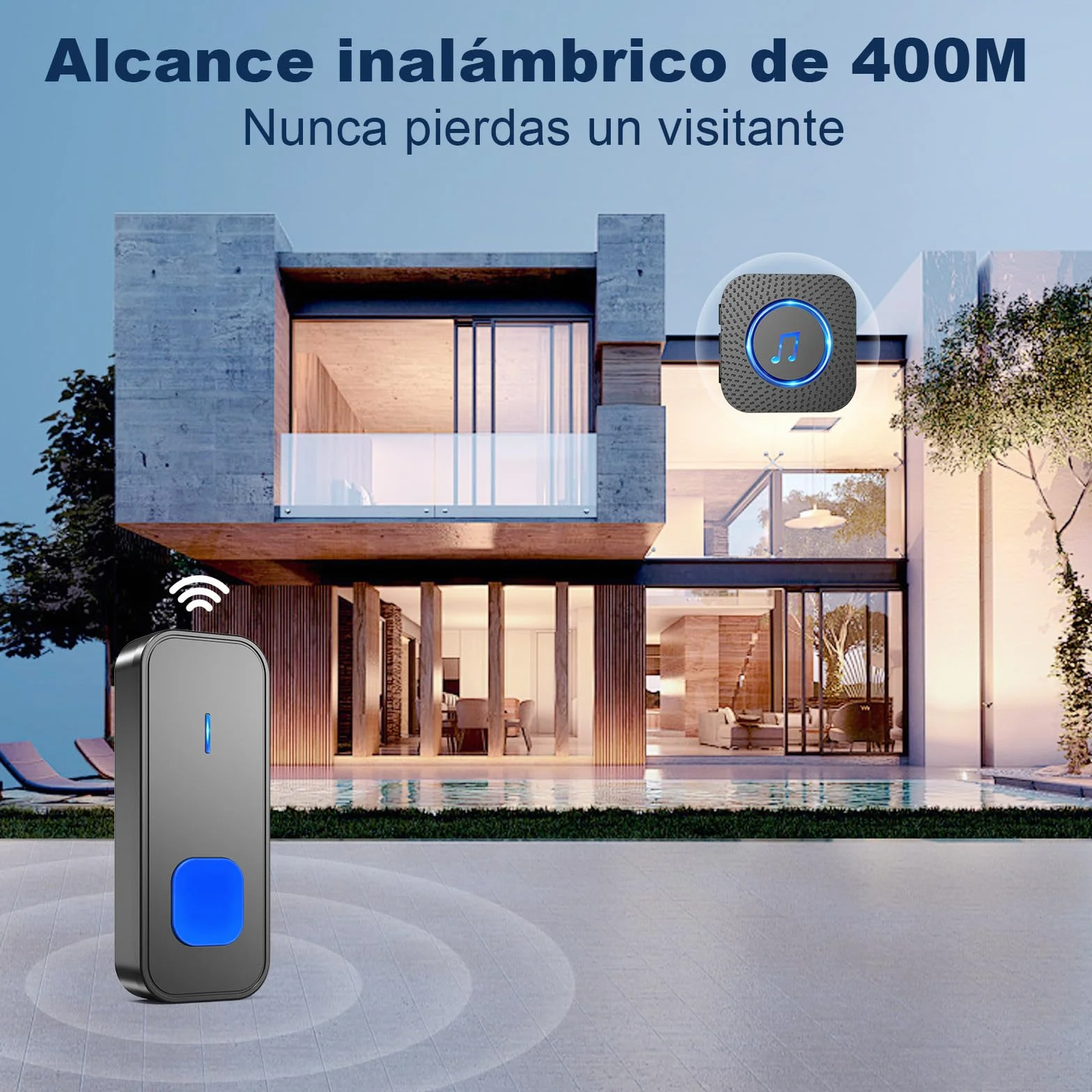 SURFOU Timbre Inalámbrico Exterior Impermeable 400M Alcance 55 Melodías 5 Niveles Volumen LED Negro