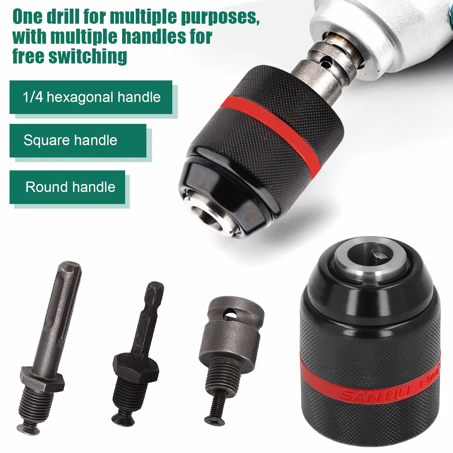 Rápida Portabrocas de Taladro 1,5-13mm, Rosca 1/2'' 20UNF Accesorios Taladro, con SDS Plus, 1/4'' Hex y 1/2'' Llave de Impacto Base, Adaptador de Conversión, para Taladros Eléctricos (1)