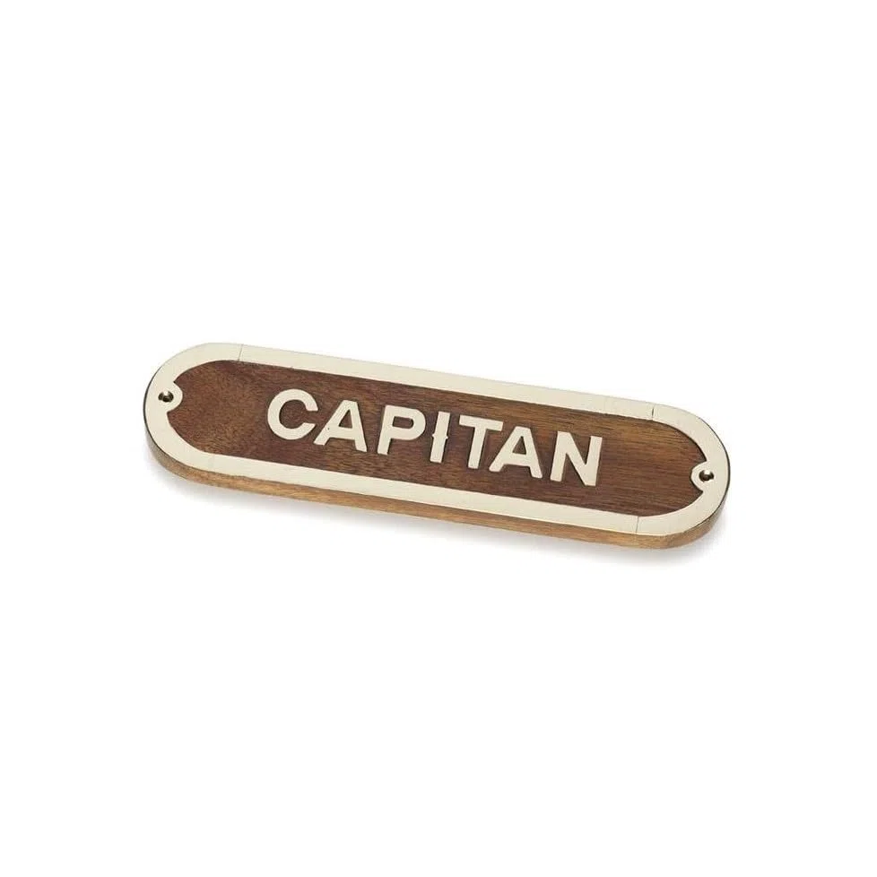 Placa señalización decoración marinera, fabricación en madera y latón con leyendas temática náutica WC, CAPITAN, CAMAROTE, BAR, PRIVADO.. (CAPITAN)
