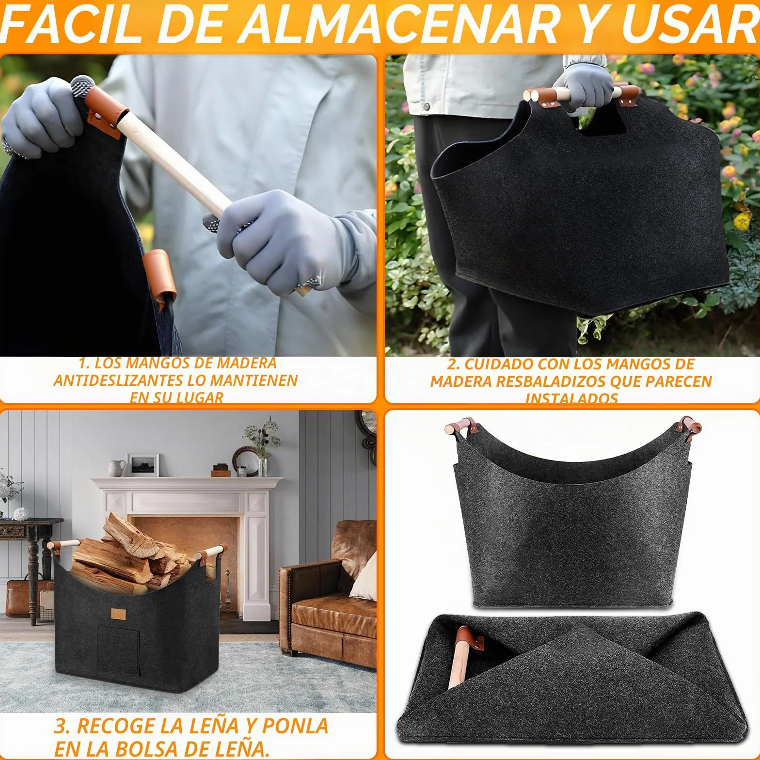 Cesta de Leña, 96L Cesta para Leña de Chimenea, Plegable Bolsa de Fieltro para Leñas, Cesta para Leñas con Asas, 60x40x40 Cestas Leñas, Cestas de Fieltro para Leñas de Chimenea, Gris Oscuro