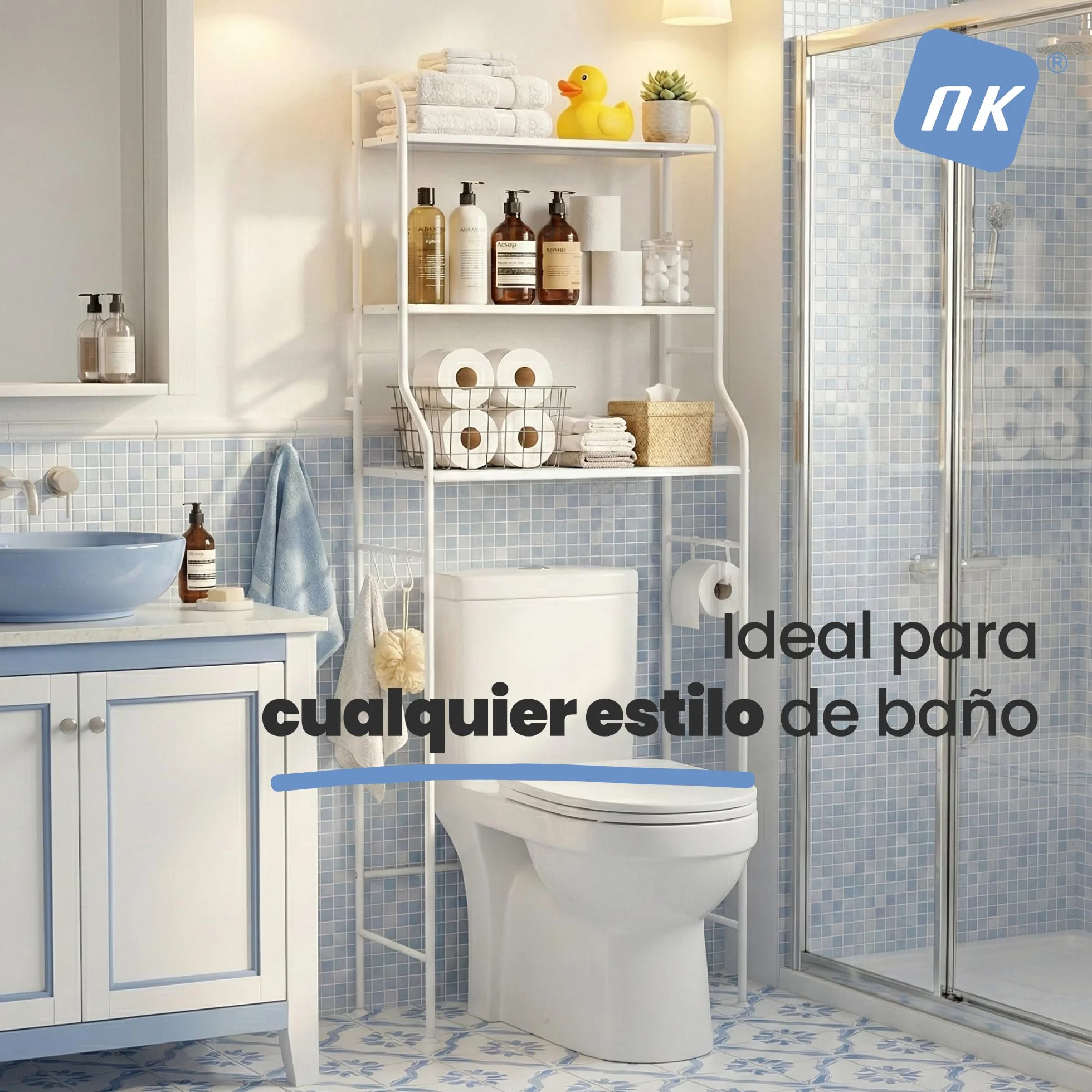 NK Estantería de Baño sobre Inodoro – 153x47x26 cm, 3 Baldas Superiores, 3 Ganchos, Portarrollos, Patas Antideslizantes, Estructura de Hierro y PP, Color Blanco, Montaje Fácil
