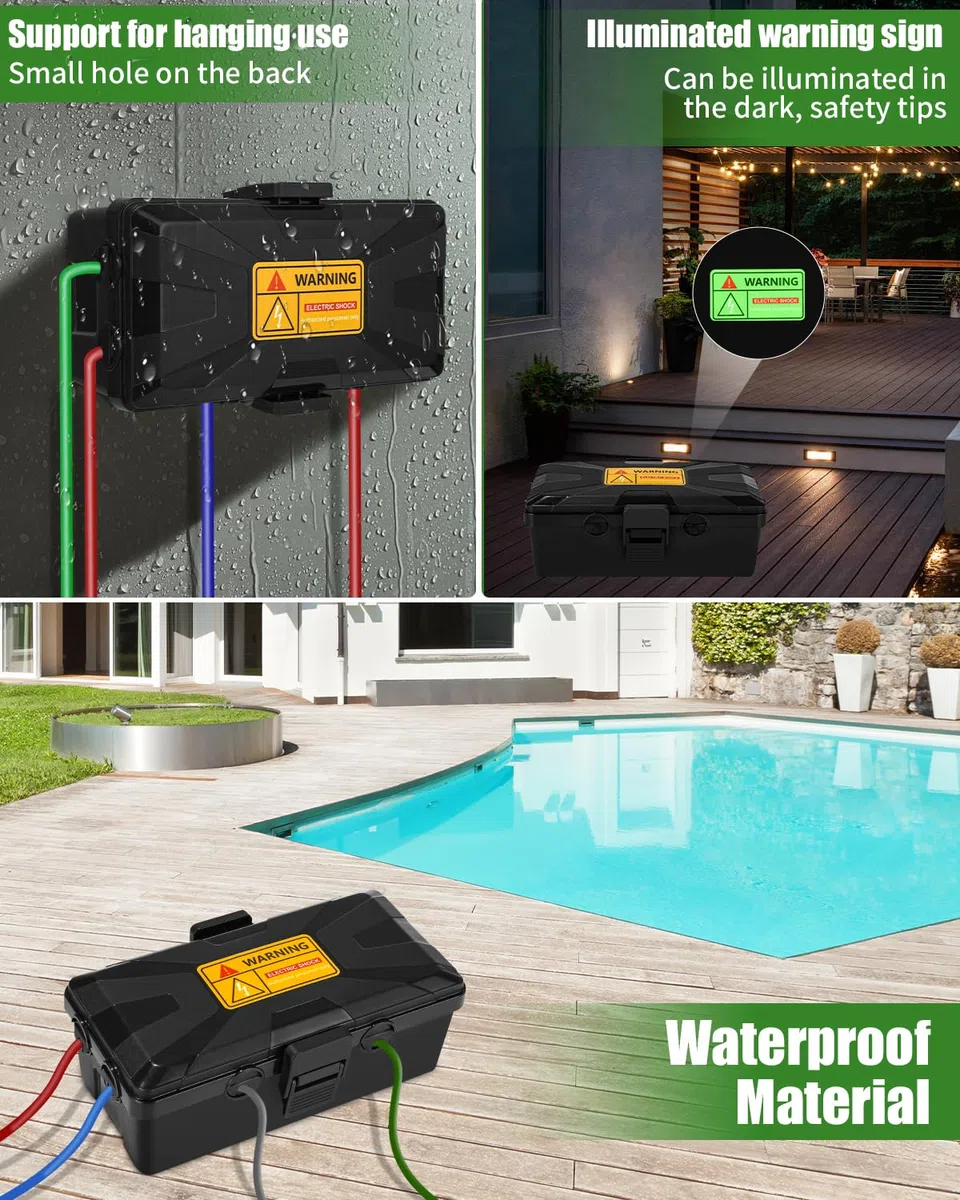 Caja de Cable Resistente al Agua,Caja Estanca Exterior Electrica,26.1x15x9.4 CM Caja Cables,con 6 Salidas de Cables,Para Protección de Enchufes,Cubierta de Cable Alargador Resistente,Temporizador