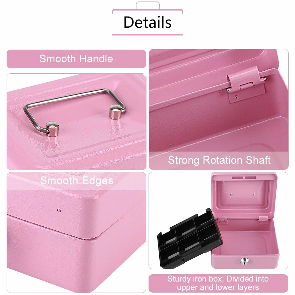 HERCHR Caja de seguridad para dinero, Caja fuerte portatil 15 cm de ancho Con bandeja portamonedas y 2 llaves, Organizador de Efectivo con Cerradura y Compartimento Interior, Caja Fuerte para Dinero