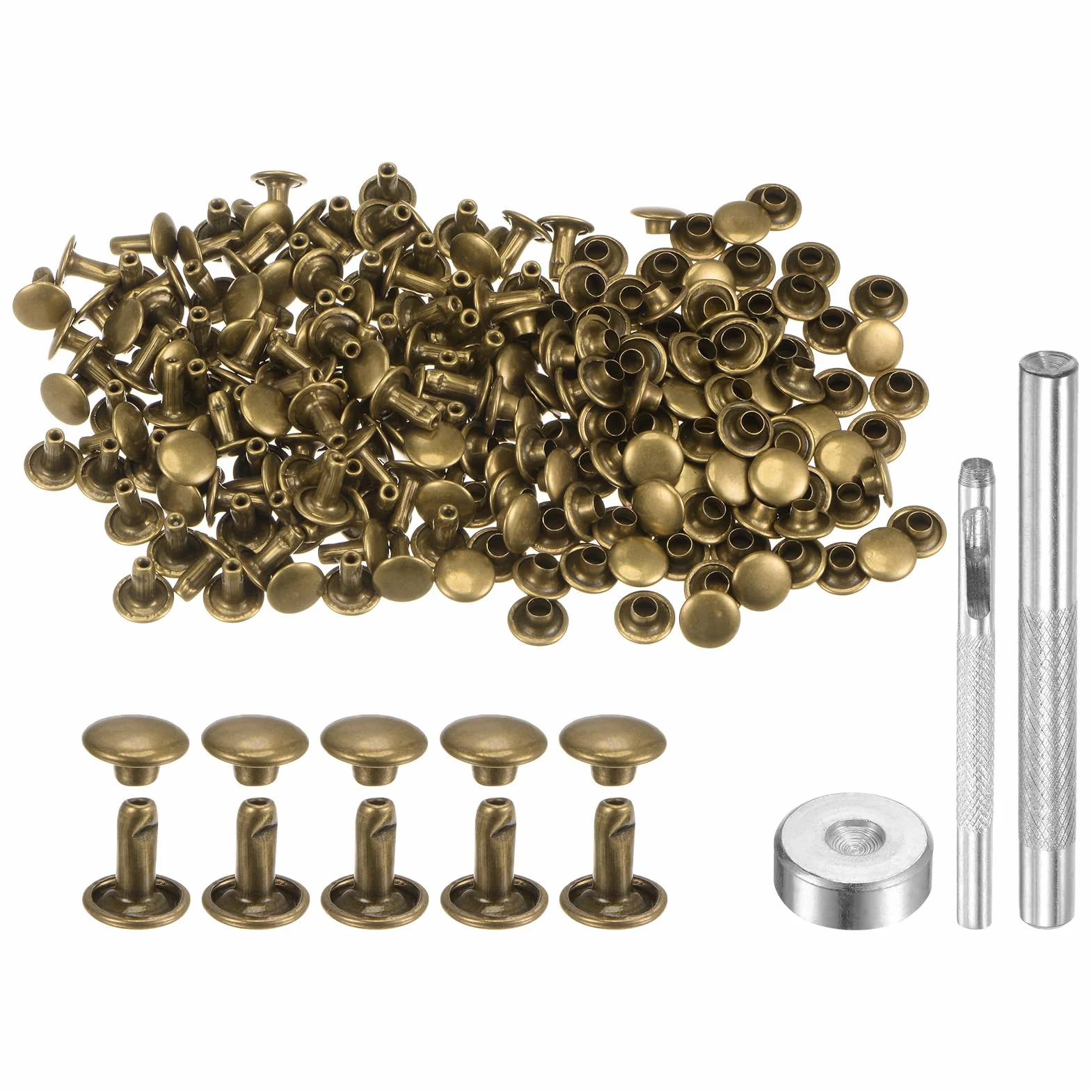 QUARKZMAN 200 Juegos Remaches de Cuero 8 x 8 mm Remaches de Metal de Doble Tapa Broches de Presión Sujetadores con 3 Herramientas de Instalación para Cuero Manualidades Bronce