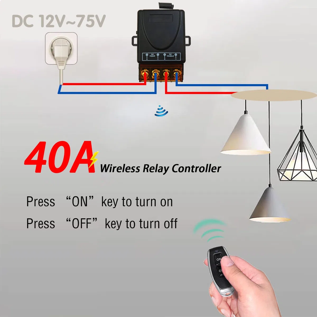 DieseRC Interruptor de Mando a Distancia Inalámbrico de 433Mhz Control de Radio DC 12V 24V 36V 48V 12V-75V 40A Receptor de Relé y Transmisores para Iluminación Bomba de Agua Electrodomésticos