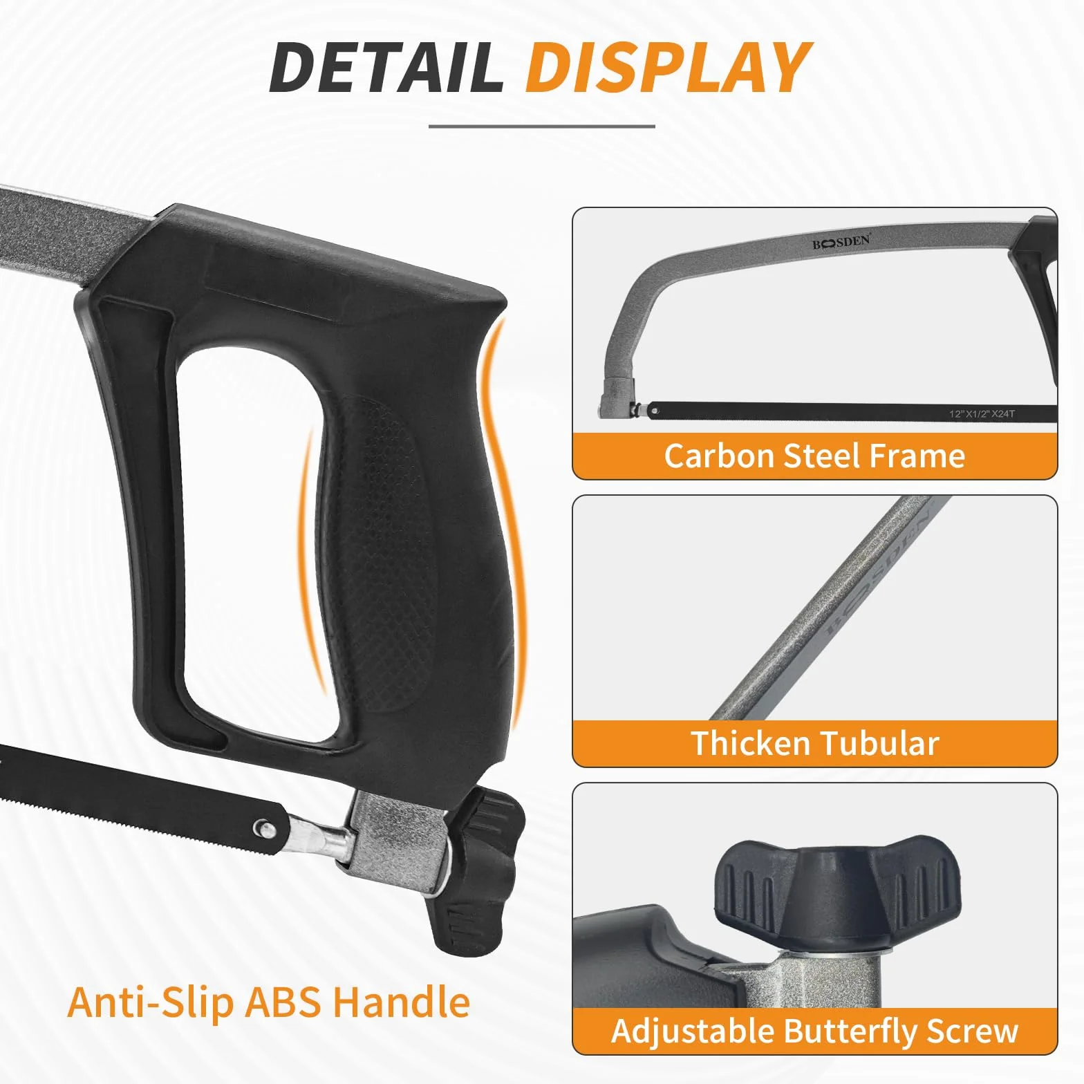 BOOSDEN Sierra para metales ajustable con 4 cuchillas de 12 pulgadas (2 bimetálicas 8TPI/24TPI + 2 HSS 24TPI), sierras de metal, sierra para metales para cortar madera, PVC - Mini sierra para metales