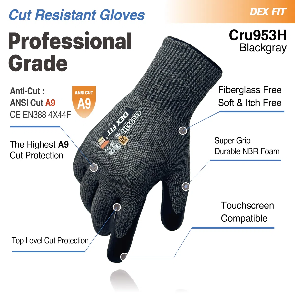 DEX FIT Guantes anticorte Cru953H, ANSI A9, EN388 4X44F, sin fibra de vidrio, Power Grip de nitrilo espumado (base agua), ajuste 3D, táctiles, lavables, 13-gauge; Blackgrey M 1 Pair