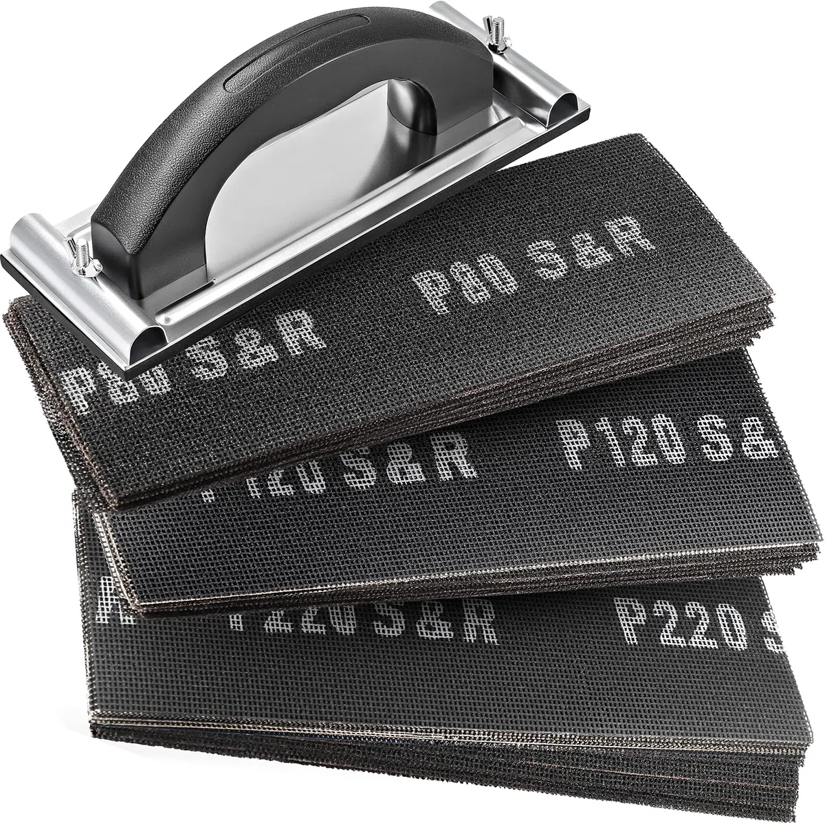S&R Juego de 30 Hojas de lija para paneles de yeso, 10 hojas de lija P80, P120, P220, 280 x 93 mm, con lijadora manual de 240 x 80 mm, grano de carburo de silicio resistente, ideal para yeso