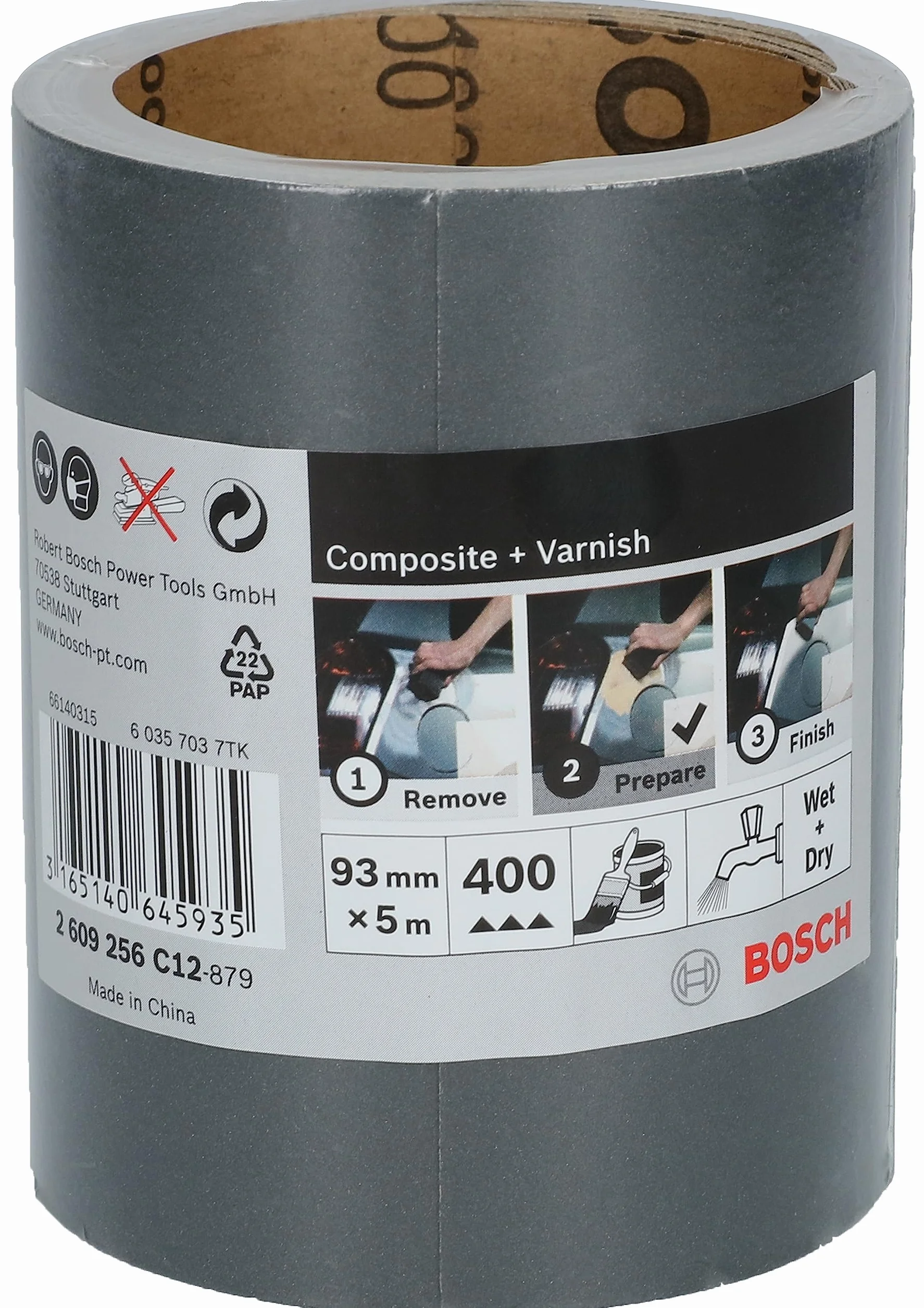 Bosch Professional 1x Rollo de Lija (para Material de recubrimiento, Barniz, 93 mm x 5 m, Grano 400, Accessorio Lijado Manual)