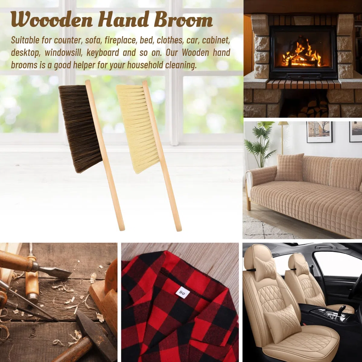 Woooden - 2 cepillos para polvo de mano con mango largo de madera, cepillo de cerdas suaves para encimera, cama, sofá, coche, chimenea, ropa, limpieza del hogar (marrón, caqui)