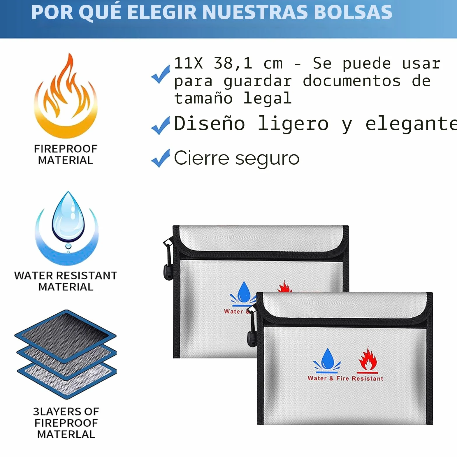 2 bolsas ignífugas para documentos, 23 x 17,5 cm, impermeable e ignífuga, para documentos, dinero, pasaporte, archivos bancarios y dinero en efectivo (gris)