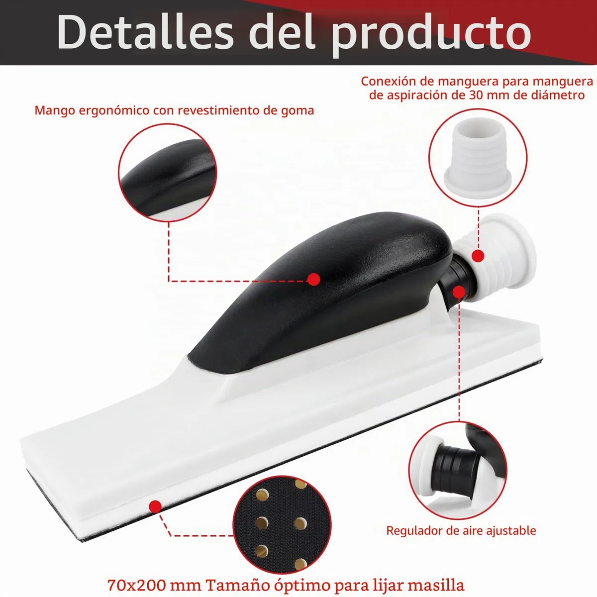 Lijadora de mano con aspiración, mango lijadora de mano con extracción de polvo, lijado, bloque de esponja de lijado sin polvo, incluye 5 tiras de lijado de malla con velcro, grano P80 P120 P180 P240