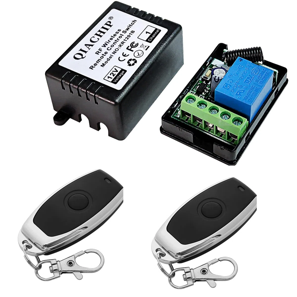 QIACHIP 433Mhz interruptor de control remoto inalámbrico 12v, DC 12V 1 Canal relé RF receptor con 2 transmisores, interruptor momentáneo on off