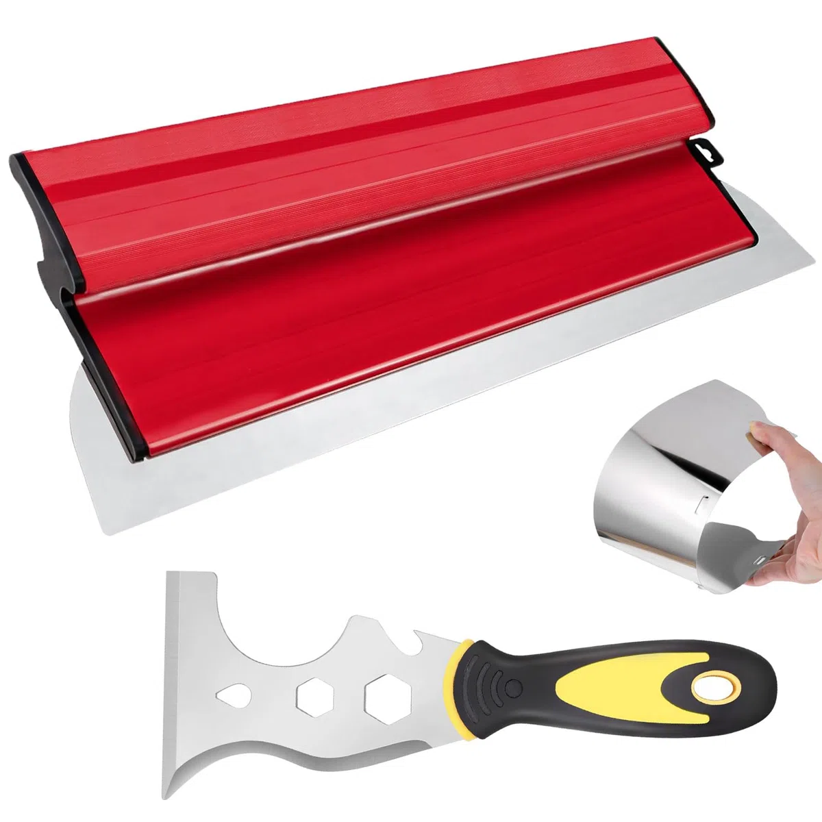 Acero Inoxidable Espátula para Enlucir, 40cm Hoja de Desnatado Drywall Smoothing Espátula, Espátula Rascador Multiusos 13 en 1, Para Suelos Paredes Secas