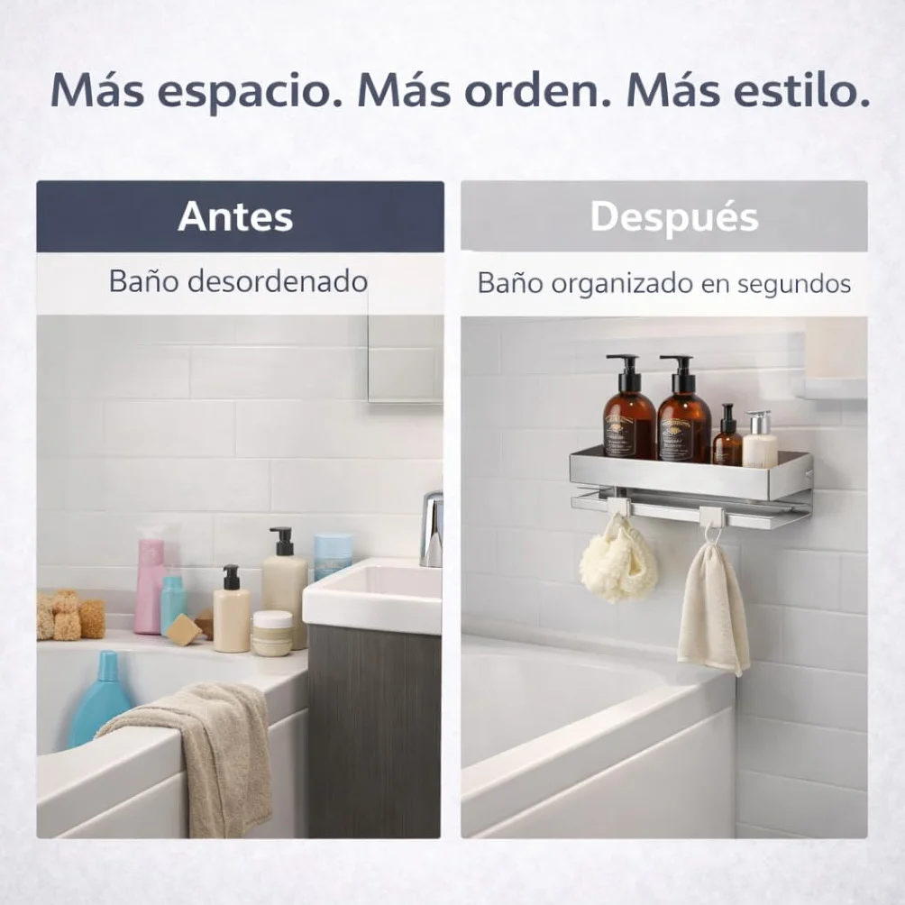MandA - ESTANTERIA Baño SIN Tornillos + 2 Ganchos de Acero Inoxidable - Organizador Ducha SIN Taladro - Adhesivo – Baldas Pared sin Agujeros – Accesorios Modernos para Organizar y Decorar Estanterías