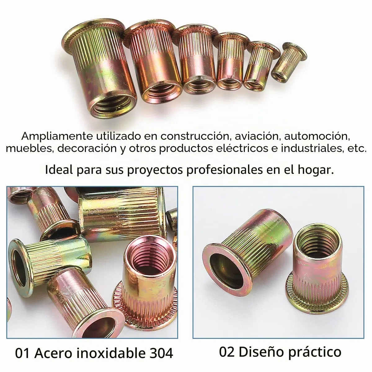 300 tuercas remachables de acero al carbono cincado – M3/M4/M5/M6/M8/M10 | Resistente, duradero y anticorrosivo. 6 tamaños aptos para metal, plástico y madera. Incluye caja de almacenamiento práctica.