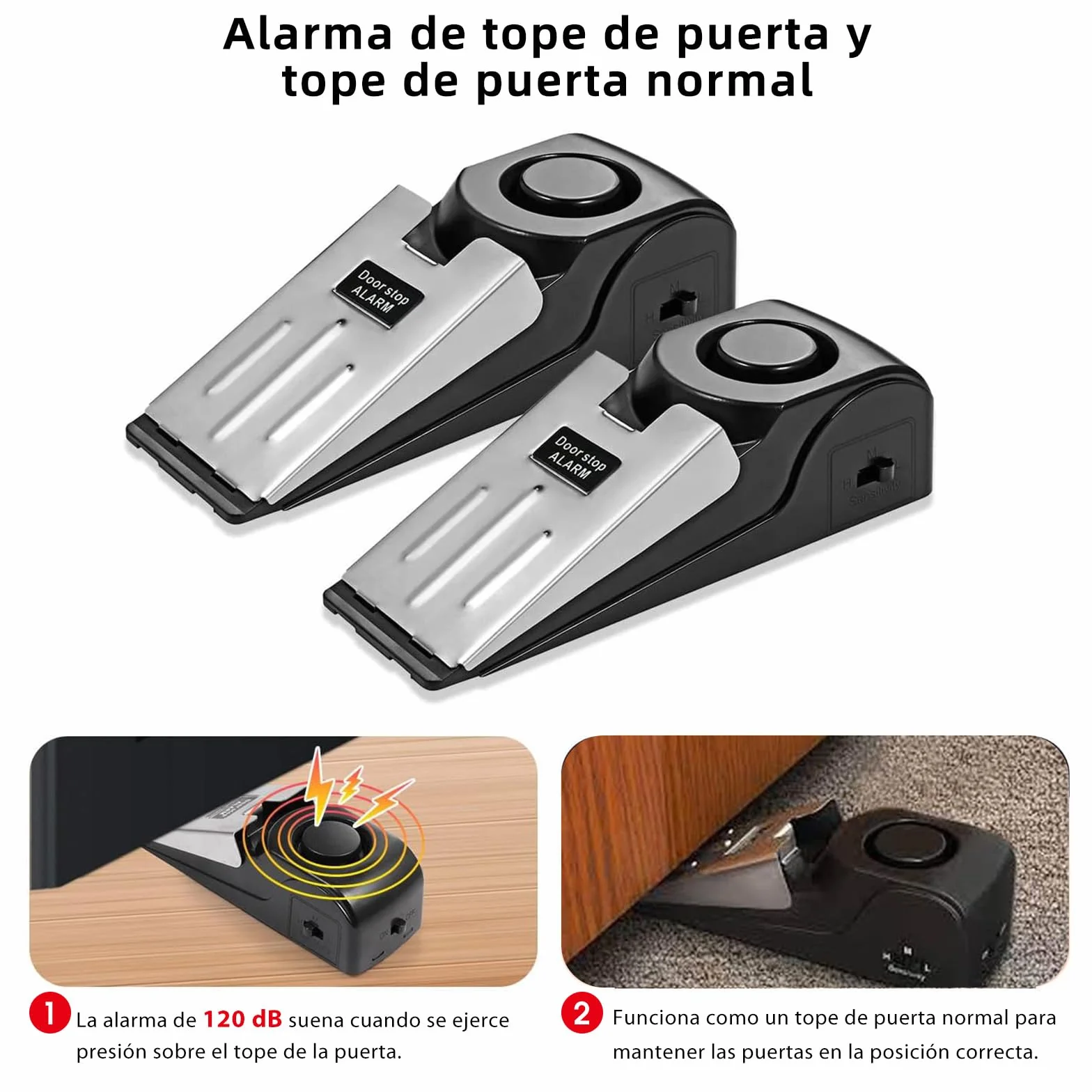 Tope de puerta inalámbrico con alarma 120 dB antirrobo para hotel hogar viaje 2 unidades