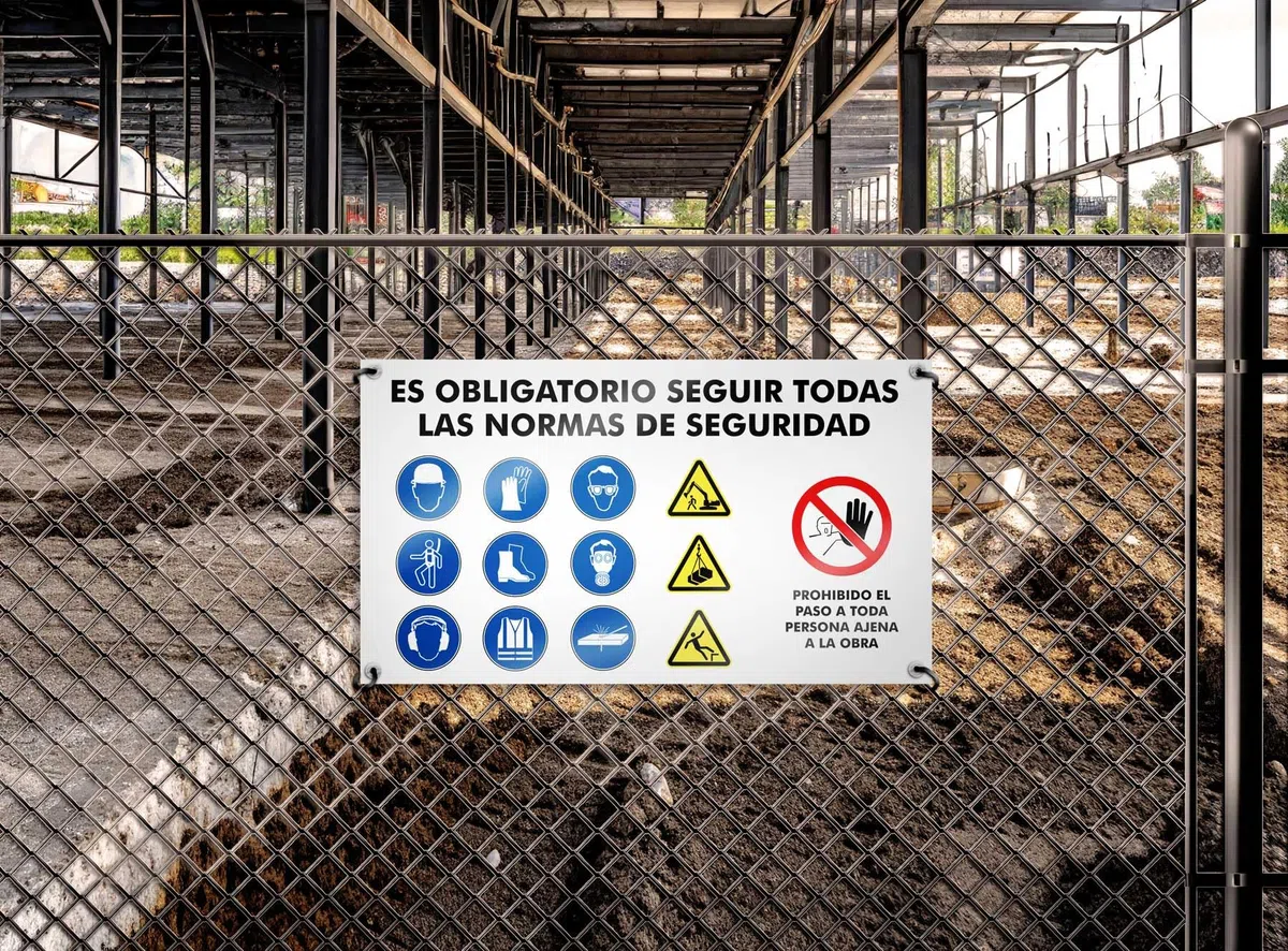 Cartel para Zona de Obra - Lona Impresa Señales de Seguridad y EPIS Obligatorias en Construccion (EPI 74x42 cm)