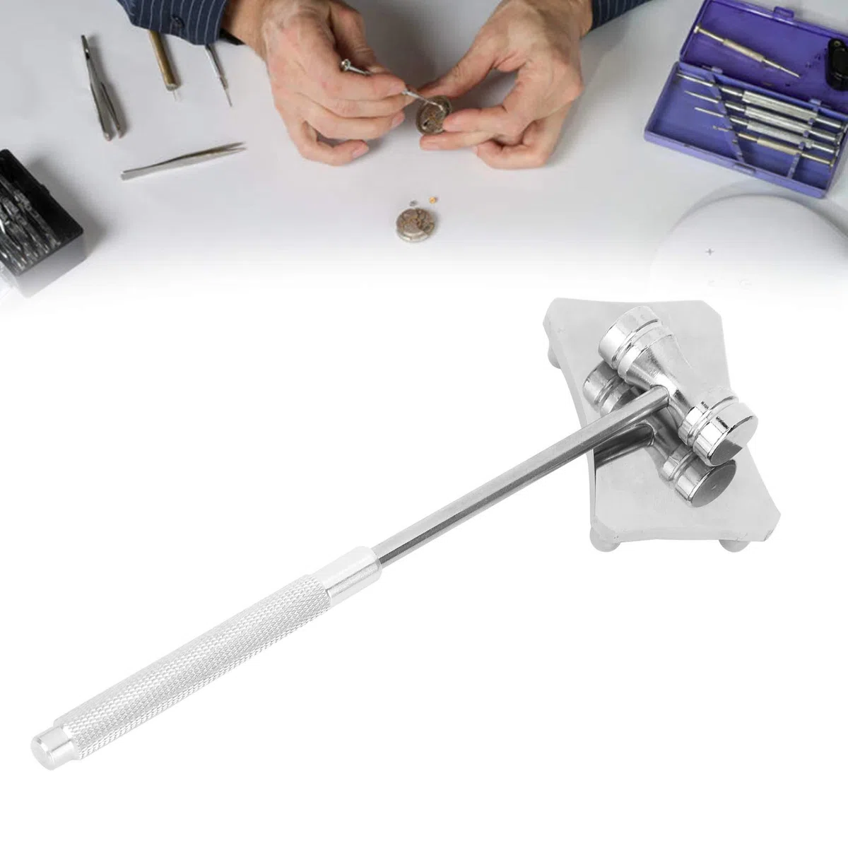 Martillo multifuncional de acero con doble cabeza, herramienta de mano para relojero con mango antideslizante