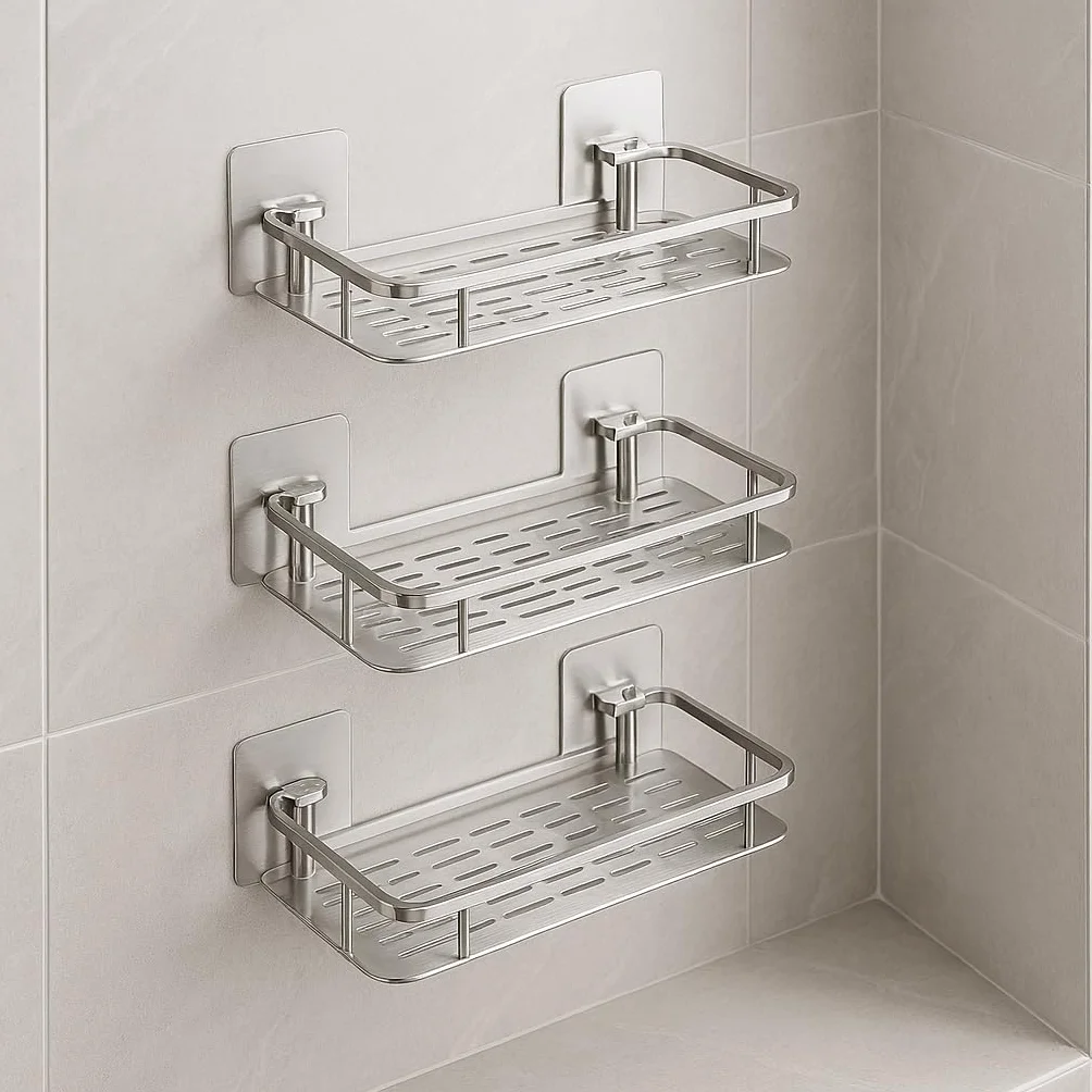 Genérico Estante de Baño de Acero Inoxidable, 3 Piezas, Adhesivo sin Taladro, Plateado, 31.5 x 12 cm, Montaje en Pared