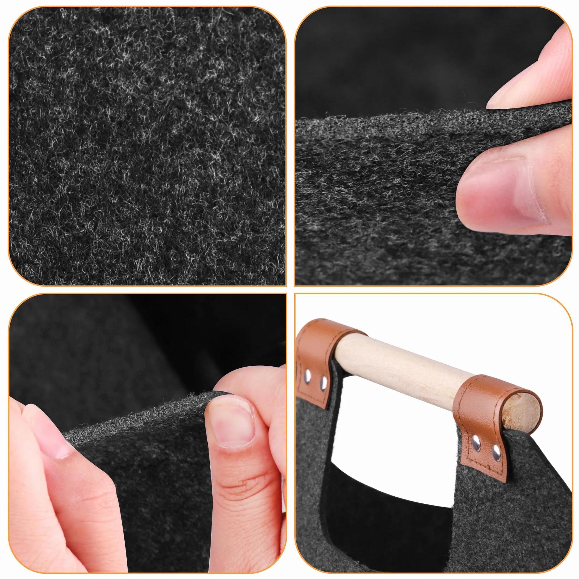 Leñero interior XL cesta de fieltro de fieltro extra grueso y asa reforzada | Cesta leña plegable bolsa de fieltro para la compra, leña, periódico o leña (Negro)