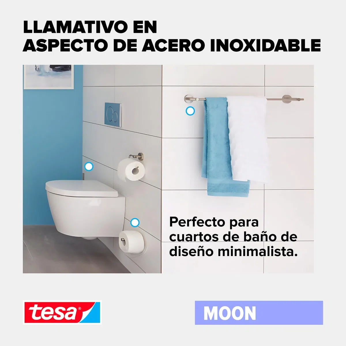 tesa Moon Percha impermeable, apariencia de acero inoxidable, autoadhesiva, tecnología de montaje adhesiva, 50 x 65 x 35 mm
