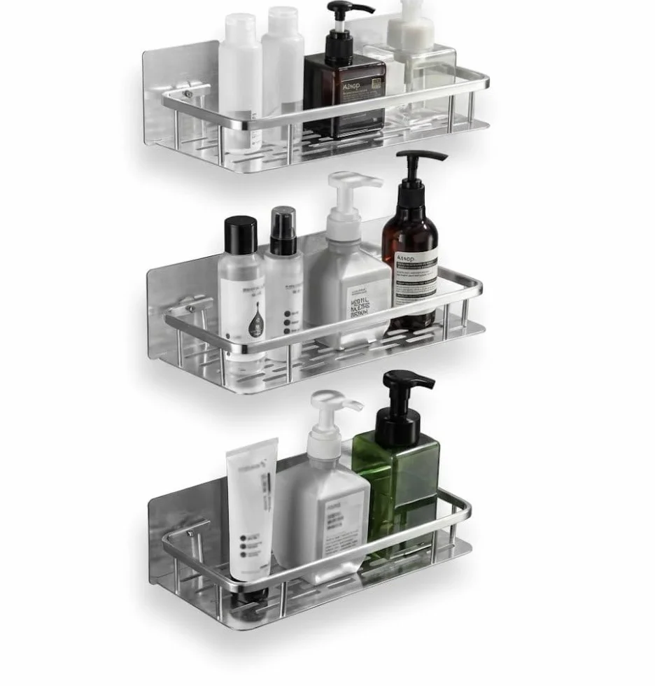 Genérico Estante de Baño de Acero Inoxidable, 3 Piezas, Adhesivo sin Taladro, Plateado, 31.5 x 12 cm, Montaje en Pared