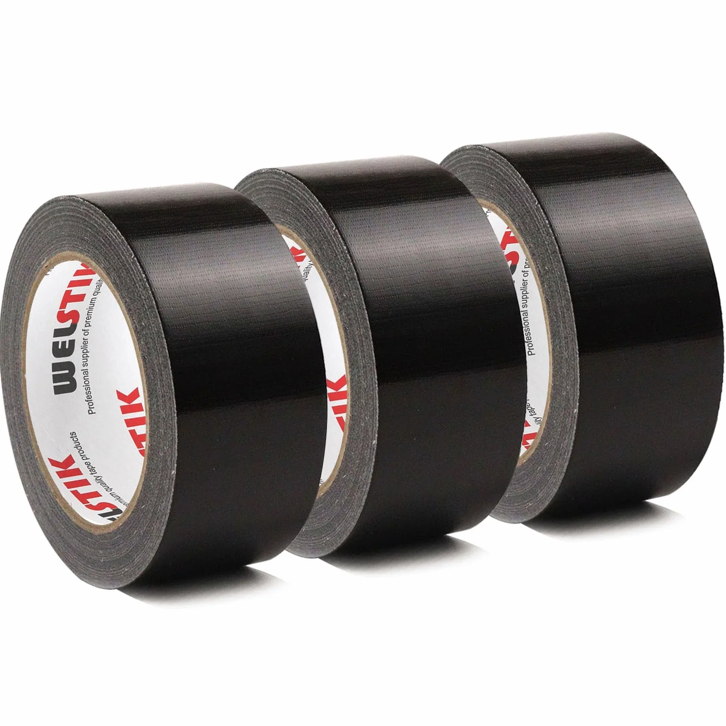 WELSTIK Cinta adhesiva profesional, 3 unidades, 48 mm x 27 m, cinta impermeable de tela de color para reparaciones, bricolaje, manualidades, uso en interiores y exteriores, color negro