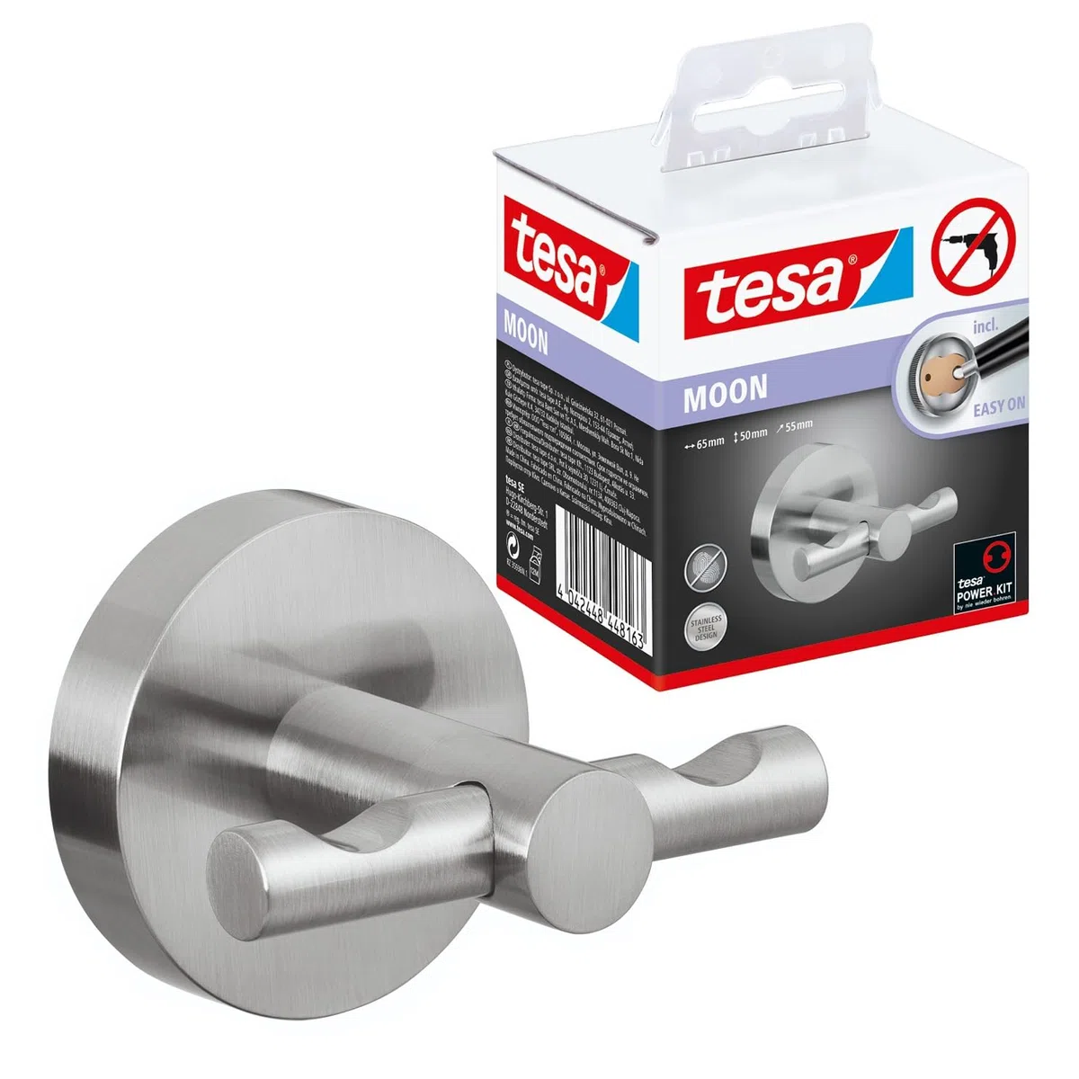 tesa Moon Percha impermeable, apariencia de acero inoxidable, autoadhesiva, tecnología de montaje adhesiva, 50 x 65 x 35 mm