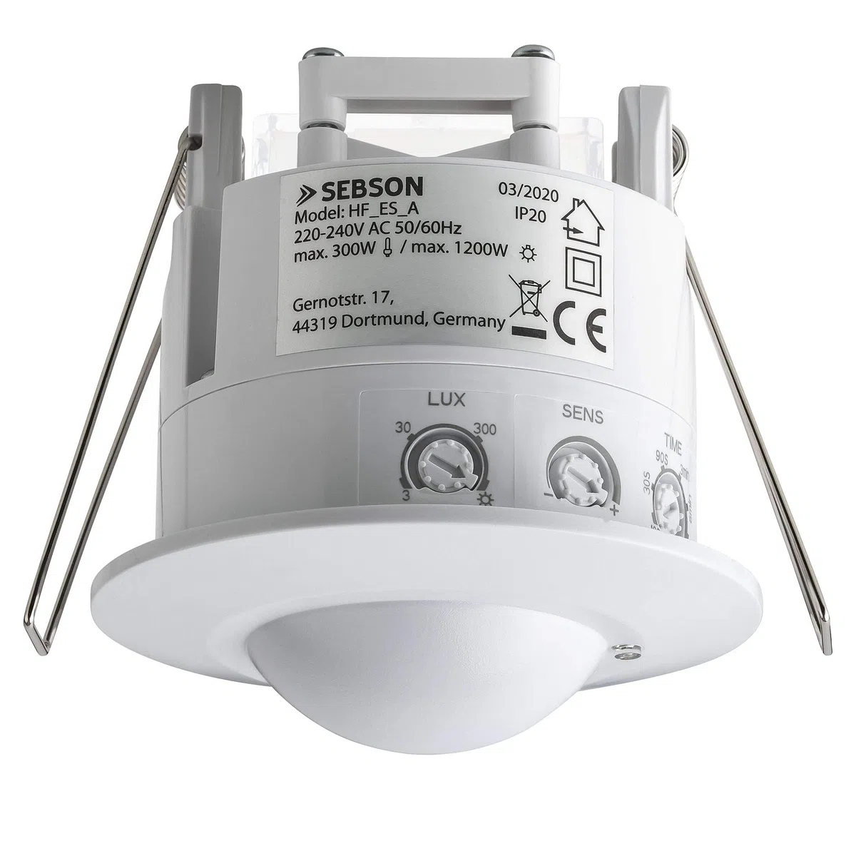 SEBSON® Detector de Movimiento para Interiores, Montaje Empotrado en Techo, LED Adecuado, programable, HF Sensor, Alcance 2-16m / 360°, Luces 1200W / 300W