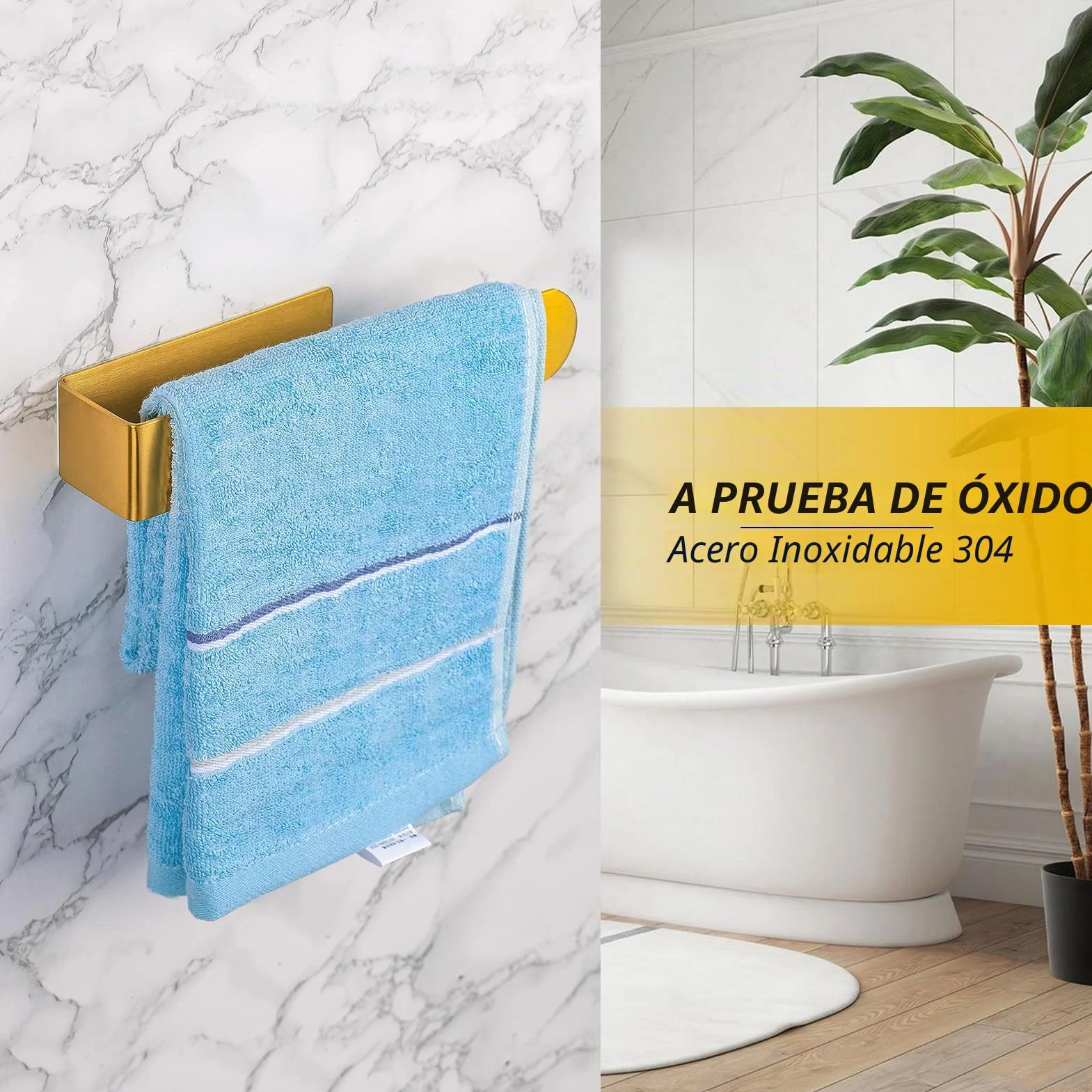 YUET Toallero Adhesivo Barra Anilla Acero Inoxidable SUS304 para Baño Cocina, Dorado