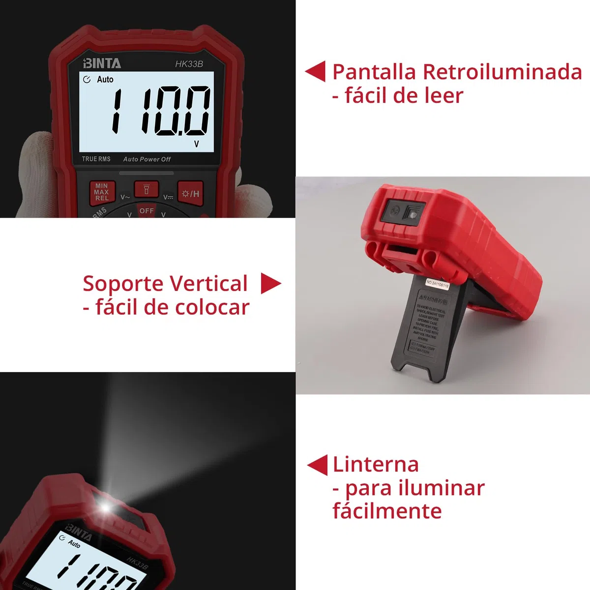 BINTA Multímetro Digital 2000 Cuentas Polimetro Digital, Mide Tensión CA/CC, corriente CA/CC,Temperatura, Prueba de Diodos, Continuidad, Resistencia con Cables de Prueba
